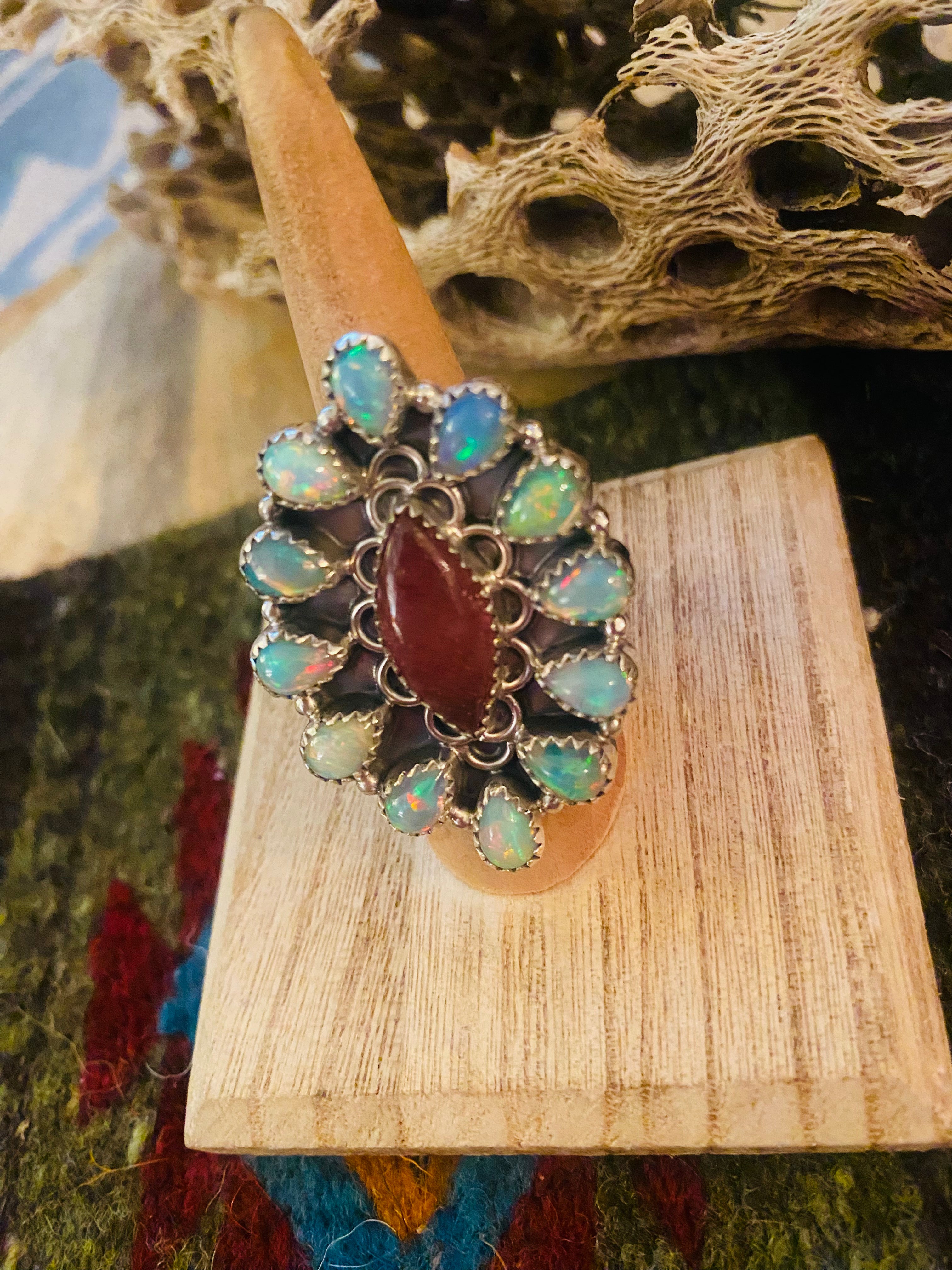 Handmade Sterling Silver, Agate & Opal Cluster Adjustable Ring