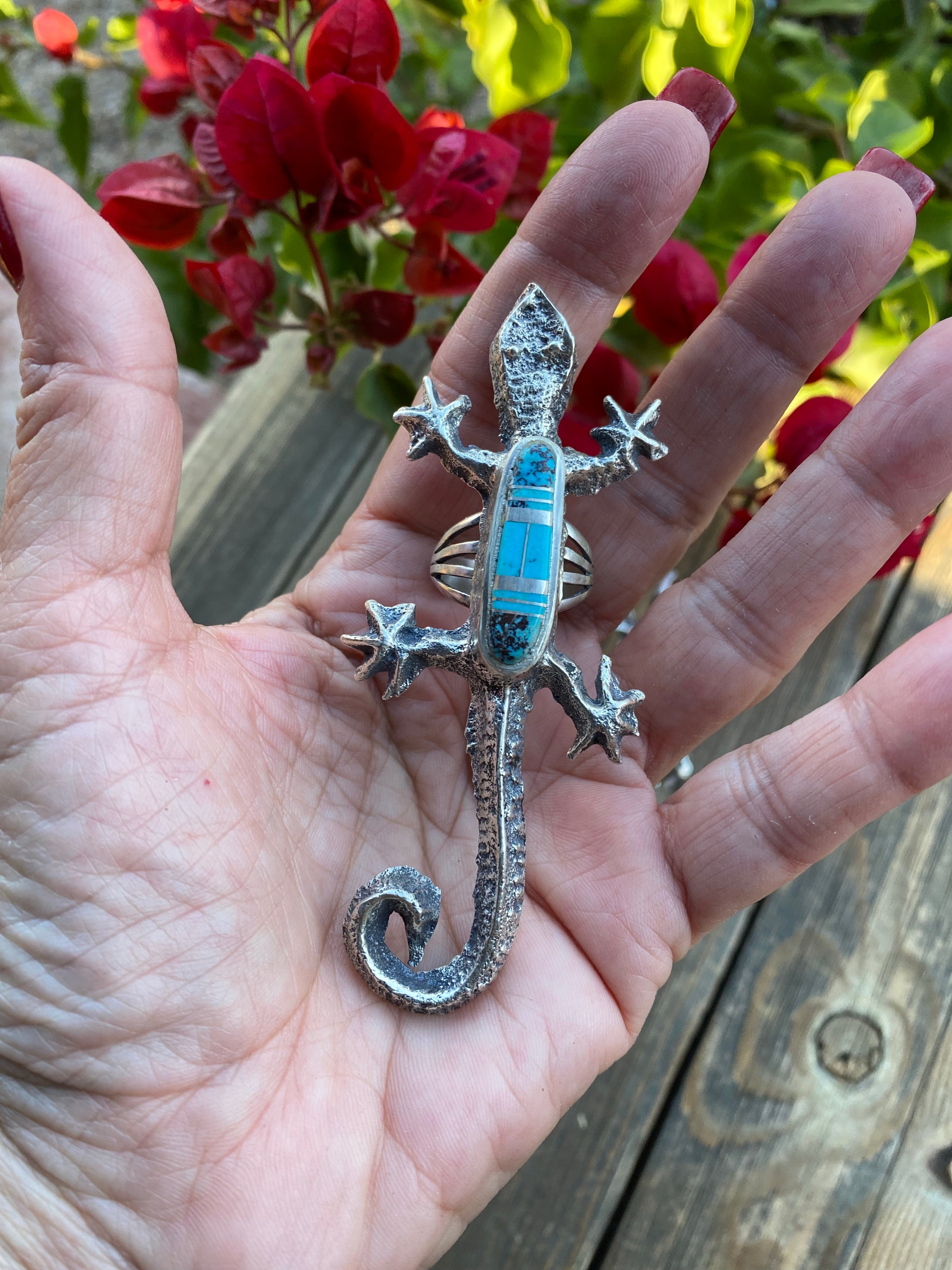 Handcrafted Turquoise& Sterling Silver Inlay Gecko Ring