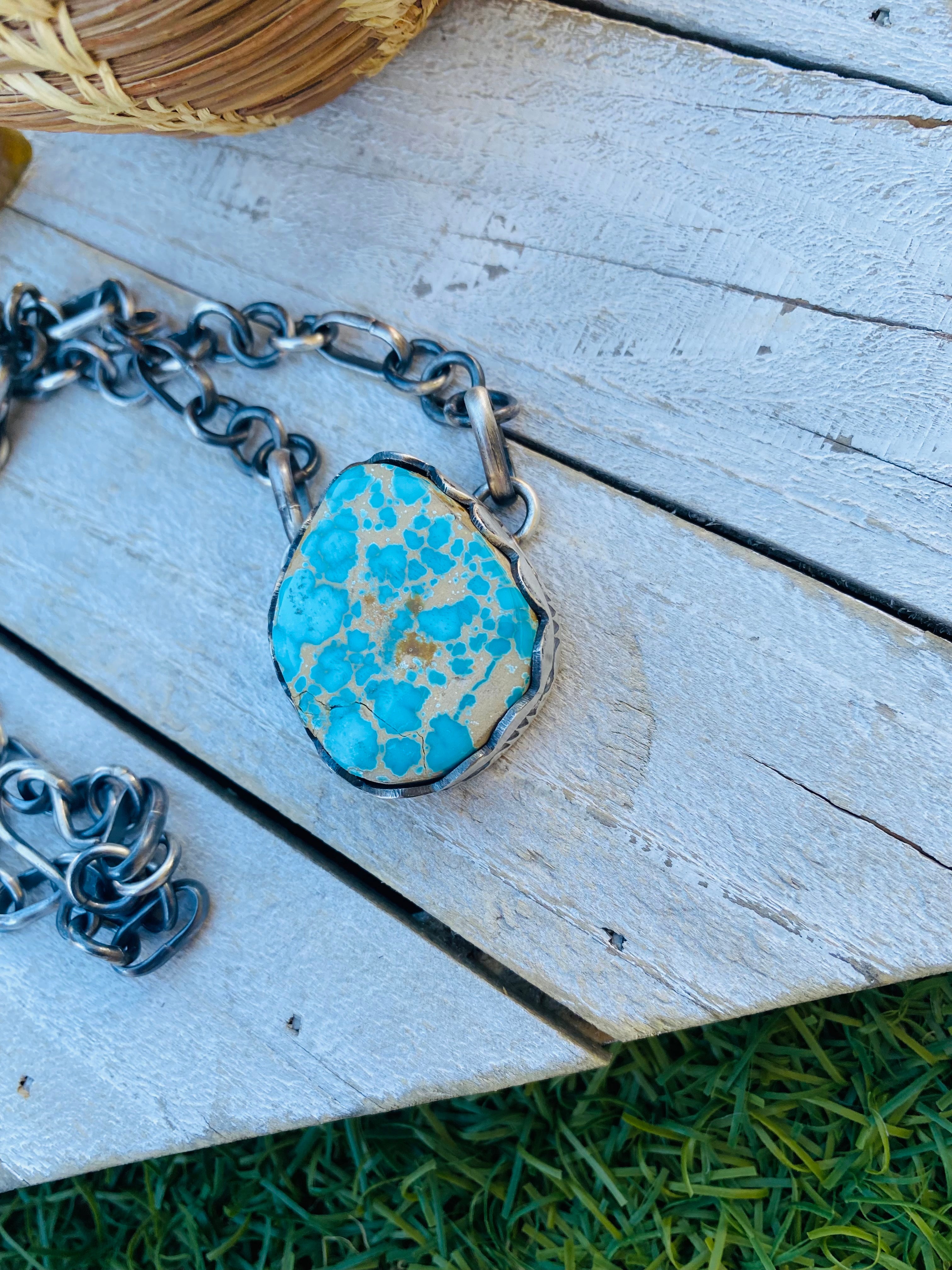 Handcrafted Number 8 Turquoise & Sterling Silver Necklace Signed