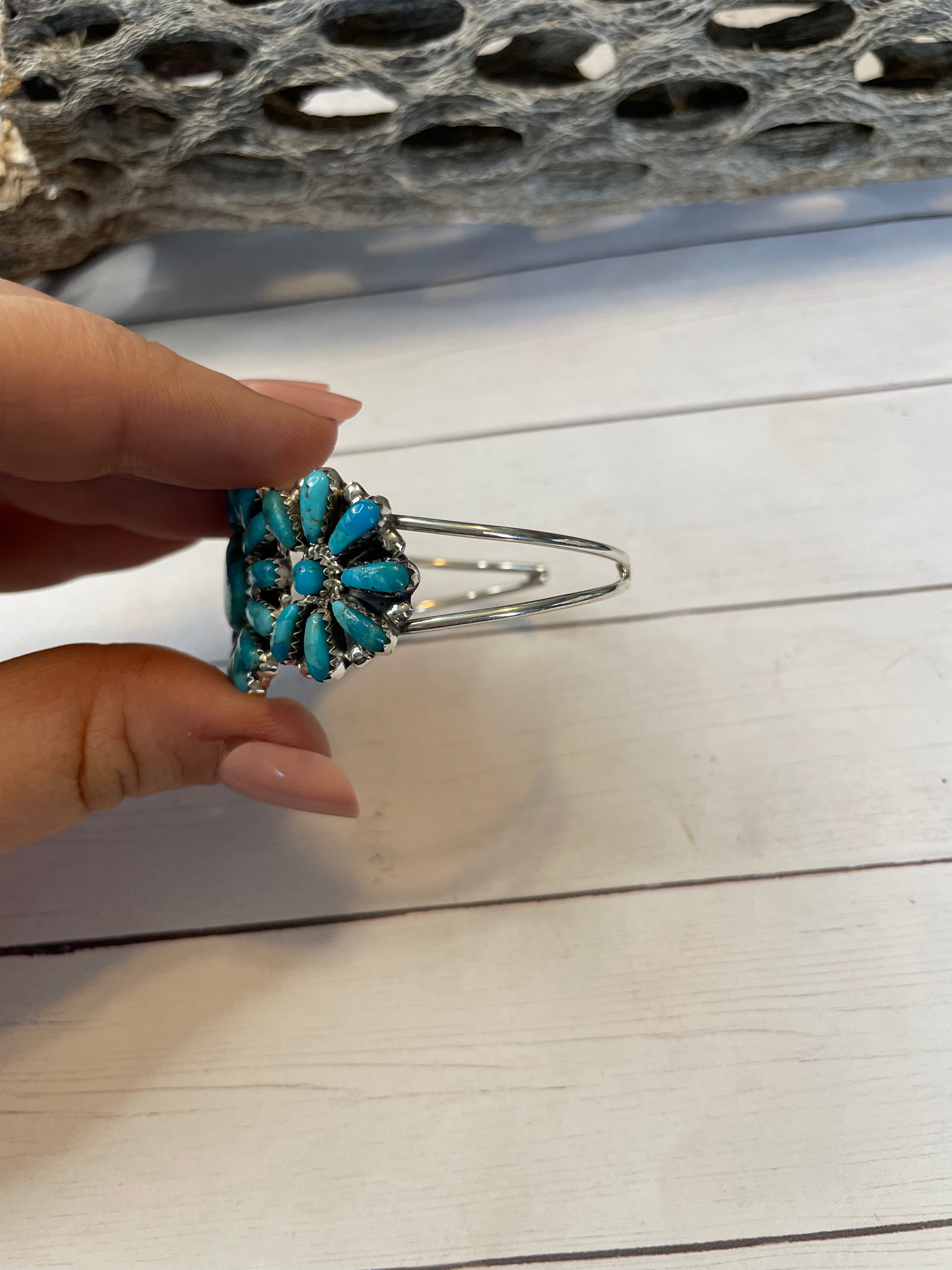 Handcrafted Sterling Silver And Kingman Turquoise Adjustable Cuff Bracelet Signed NF