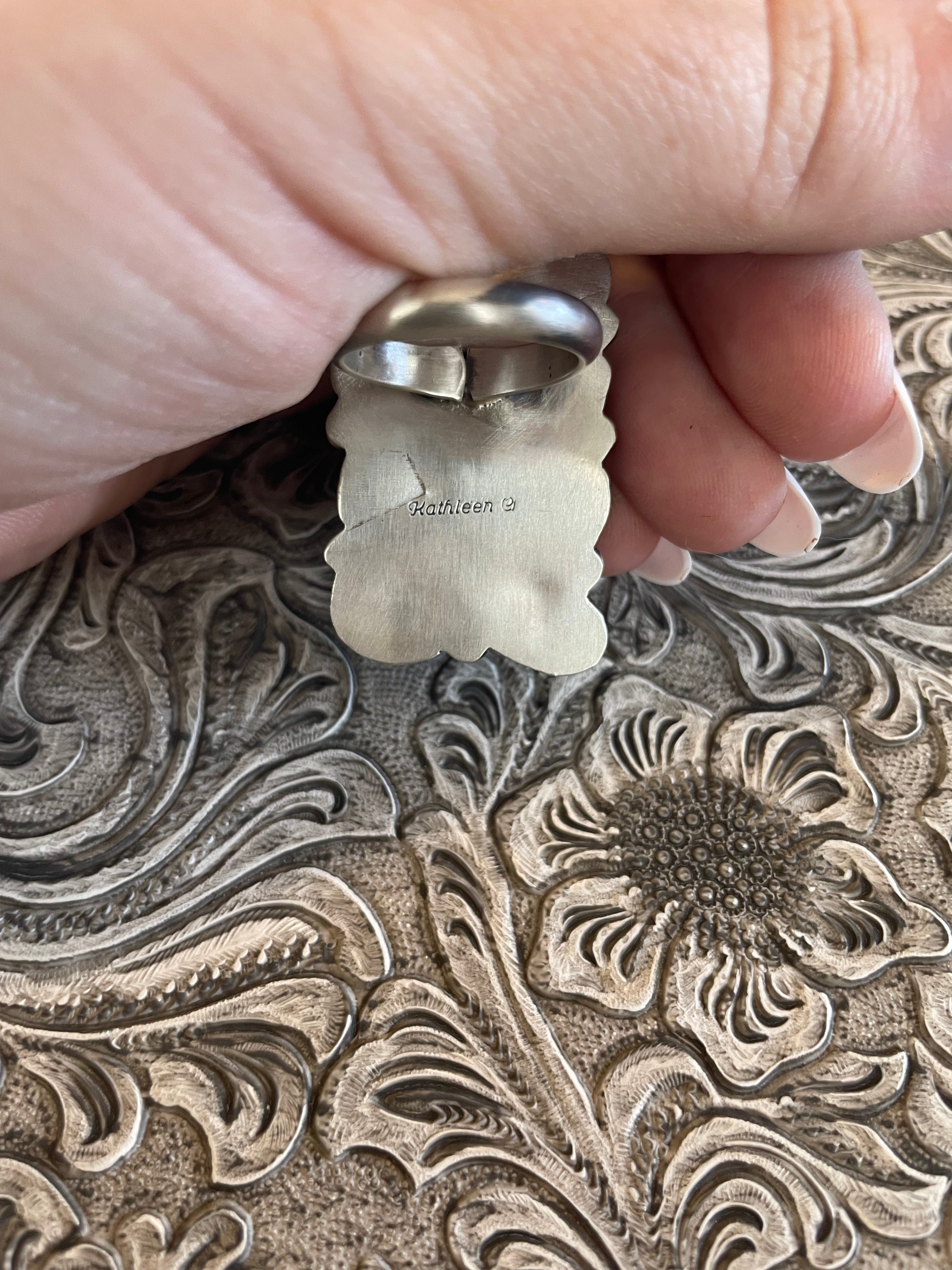 Handcrafted Golden Hills Turquoise Sterling Silver Ring By Kathleen Chavez Size 8.5