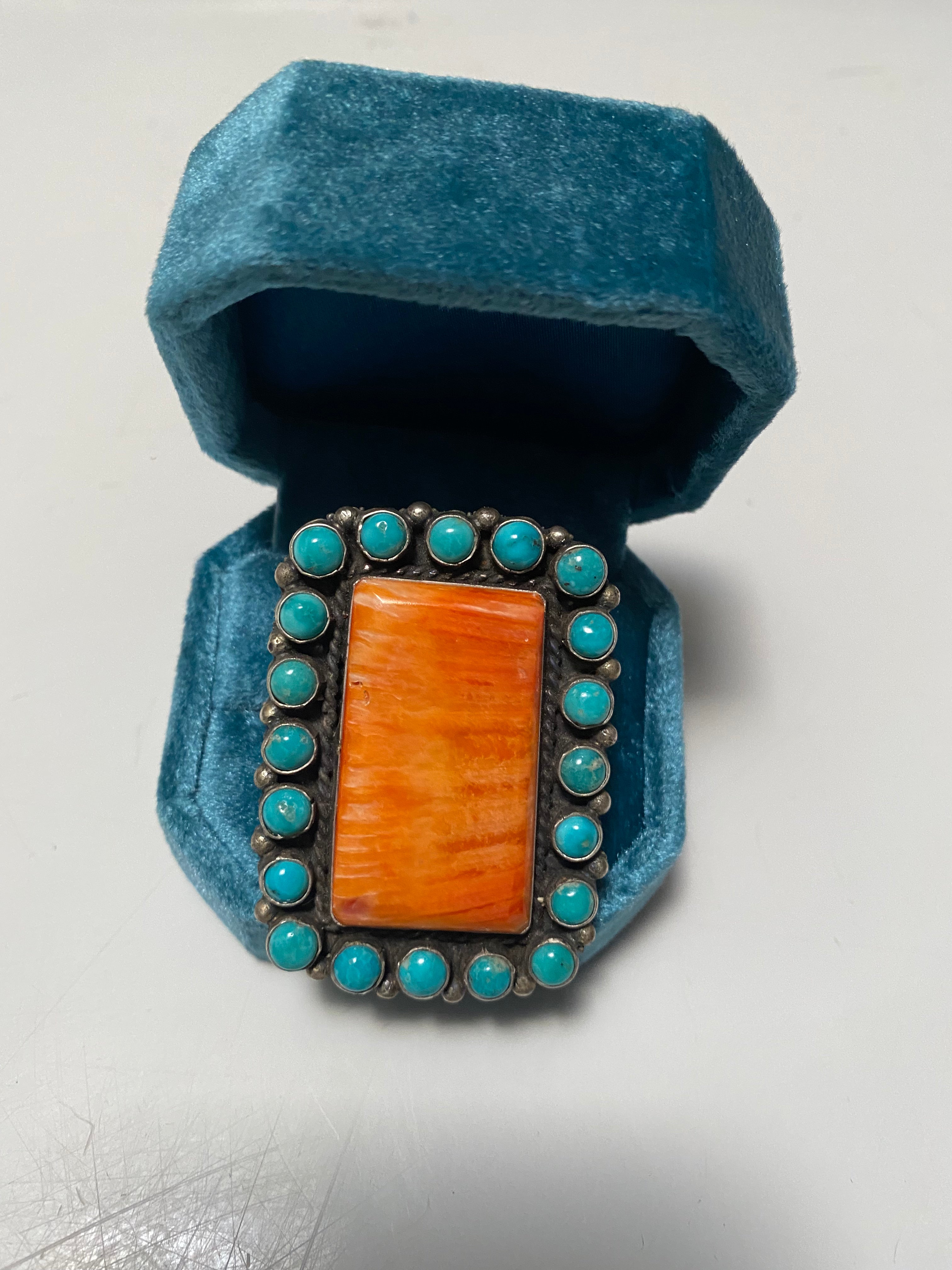 Navajo Cluster Turquoise Spiny Oyster Sterling Silver Ring Sz 8