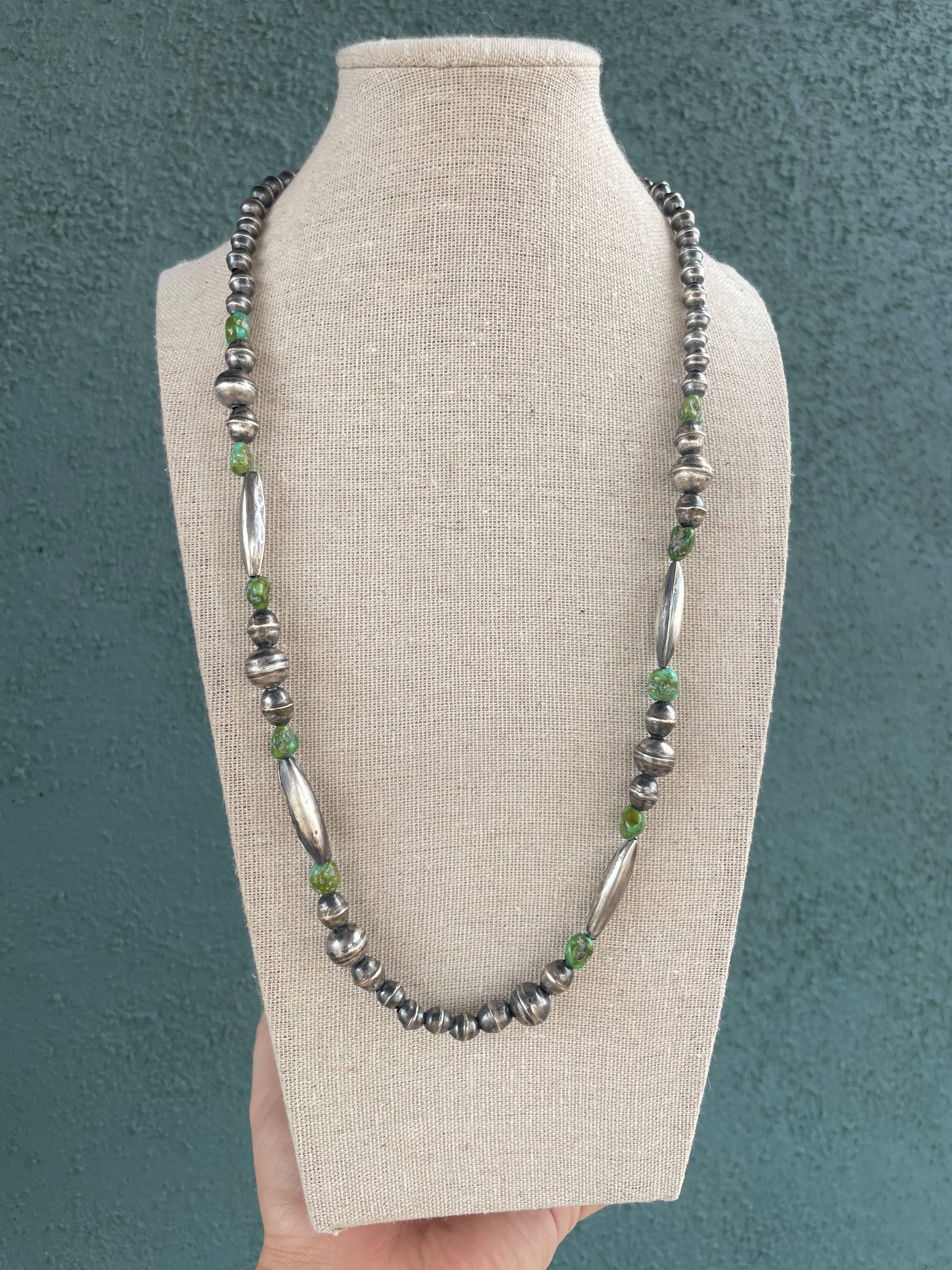 Handcrafted Sonoran Gold Turquoise And Sterling Silver Beaded Necklace 24”