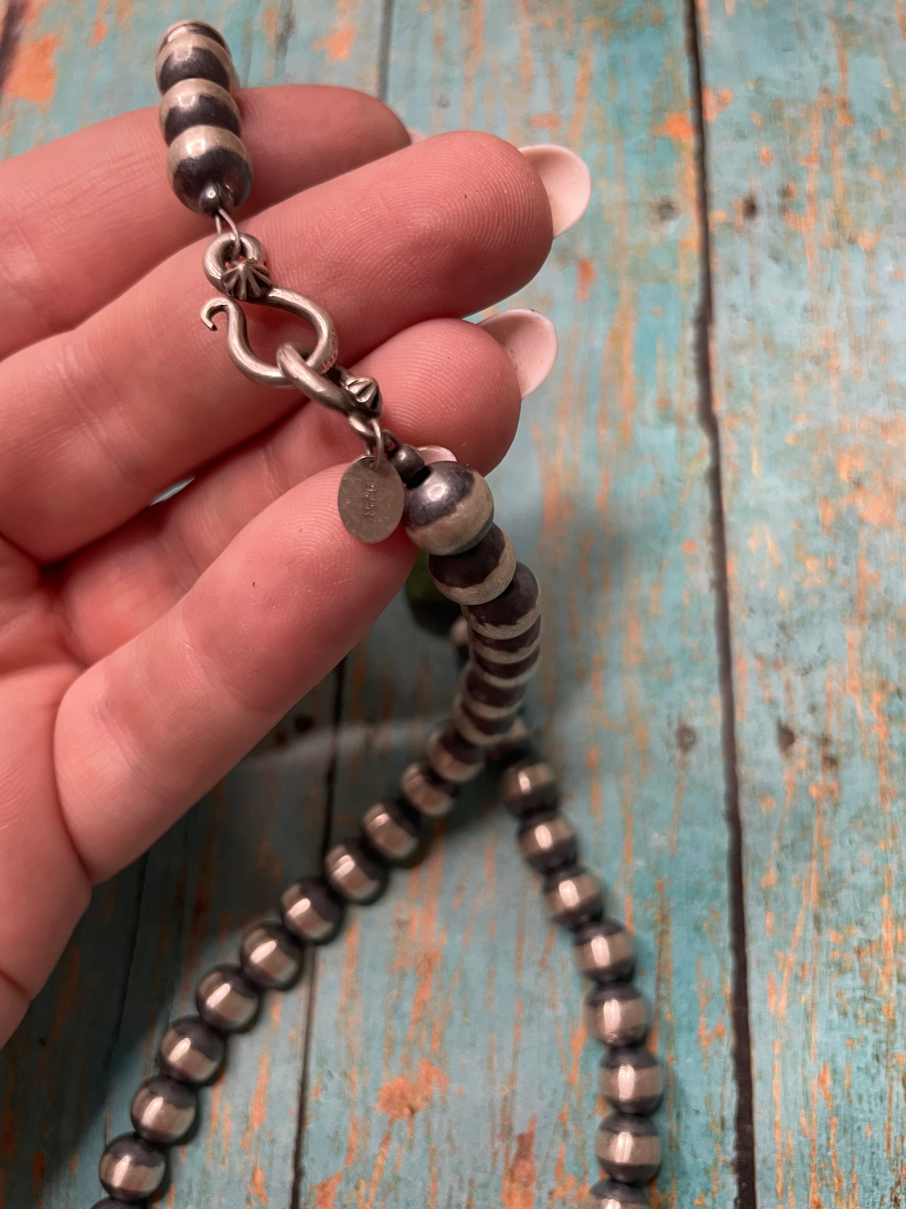 Sterling Silver Pearl 8mm Beaded Necklace With Turquoise Stone 18"