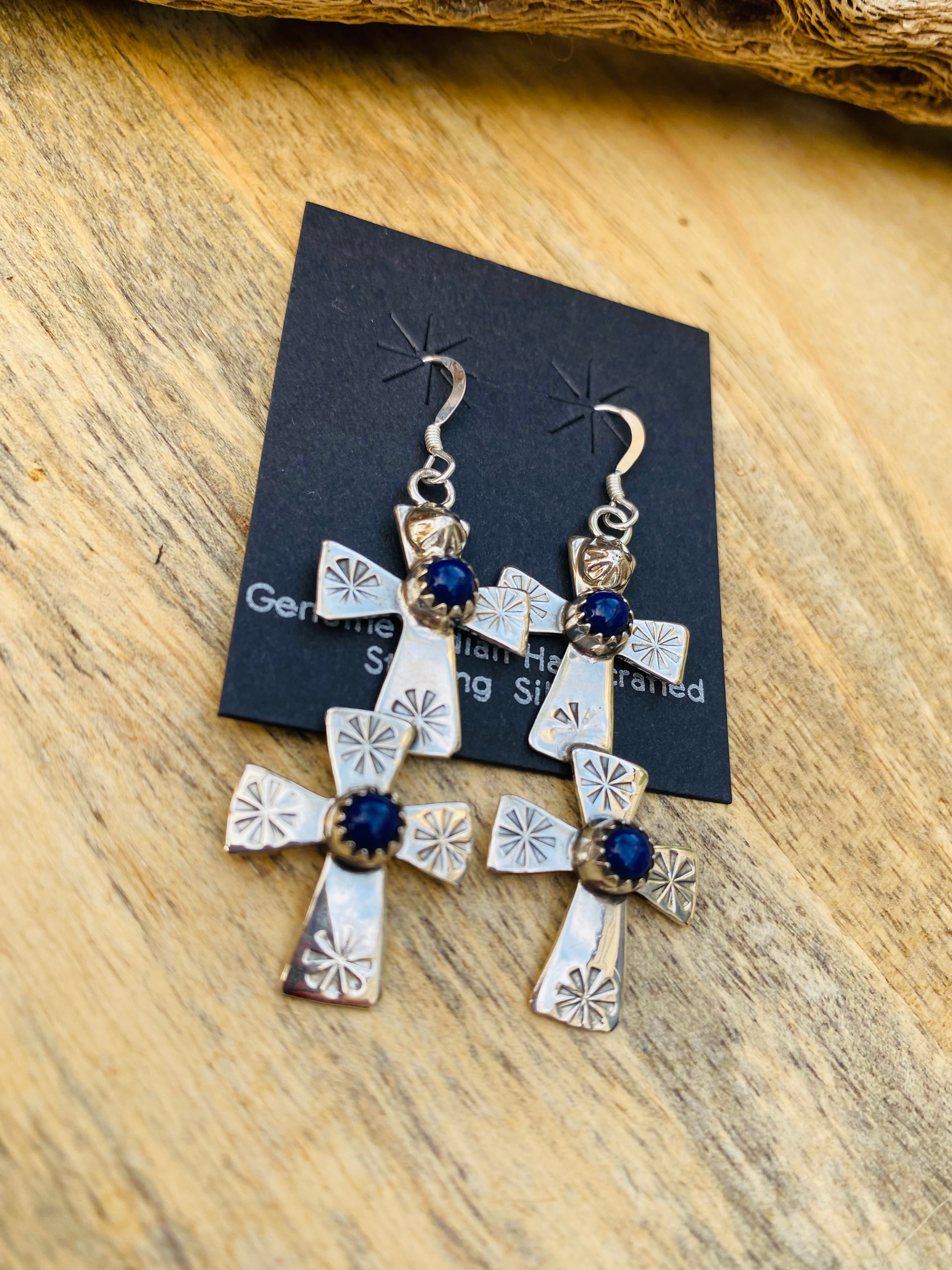 Handcrafted & Hand Stamped Sterling Silver & Lapis Double Cross Dangle Earrings