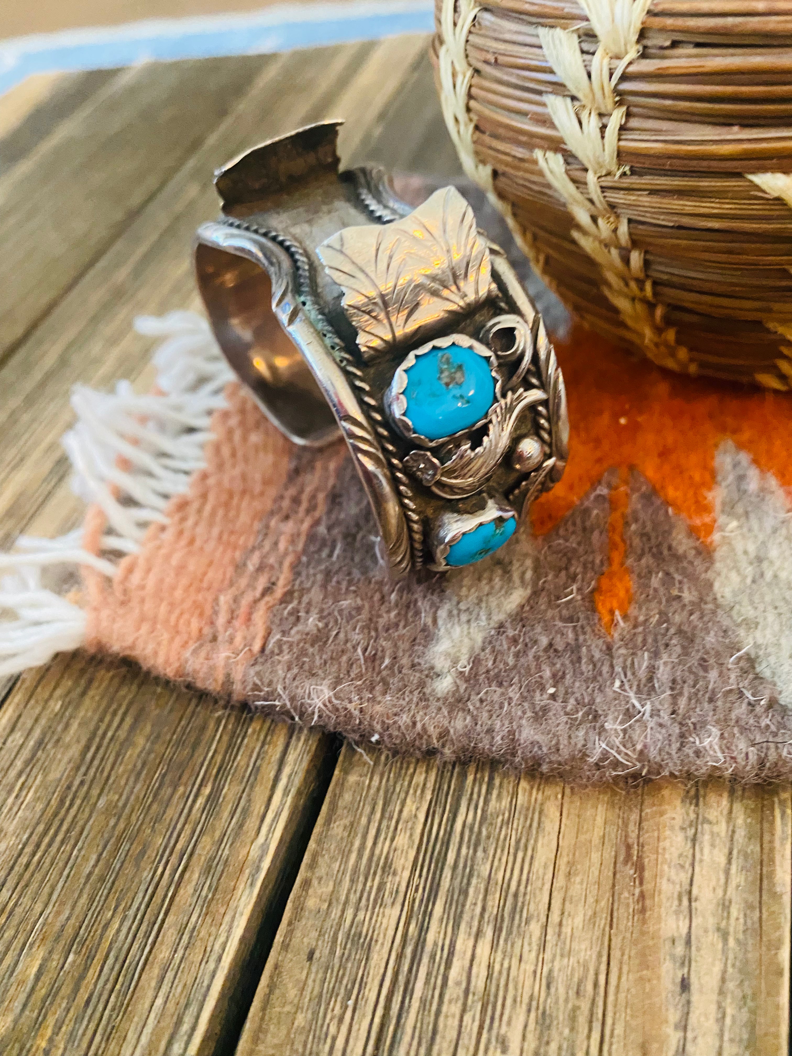 Old Pawn Vintage Navajo Kingman Turquoise & Sterling Silver Watch Cuff