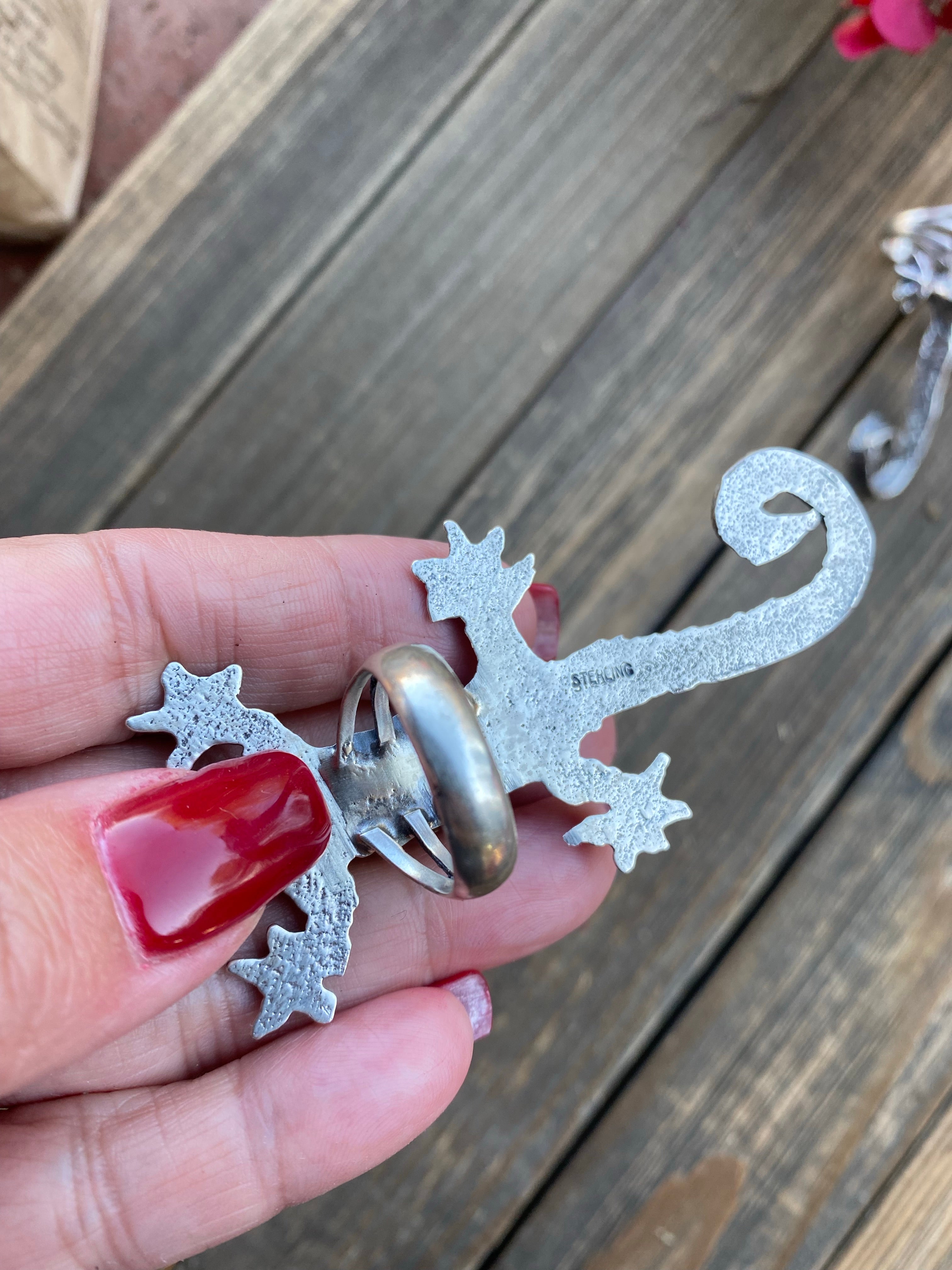 Handcrafted Turquoise& Sterling Silver Inlay Gecko Ring