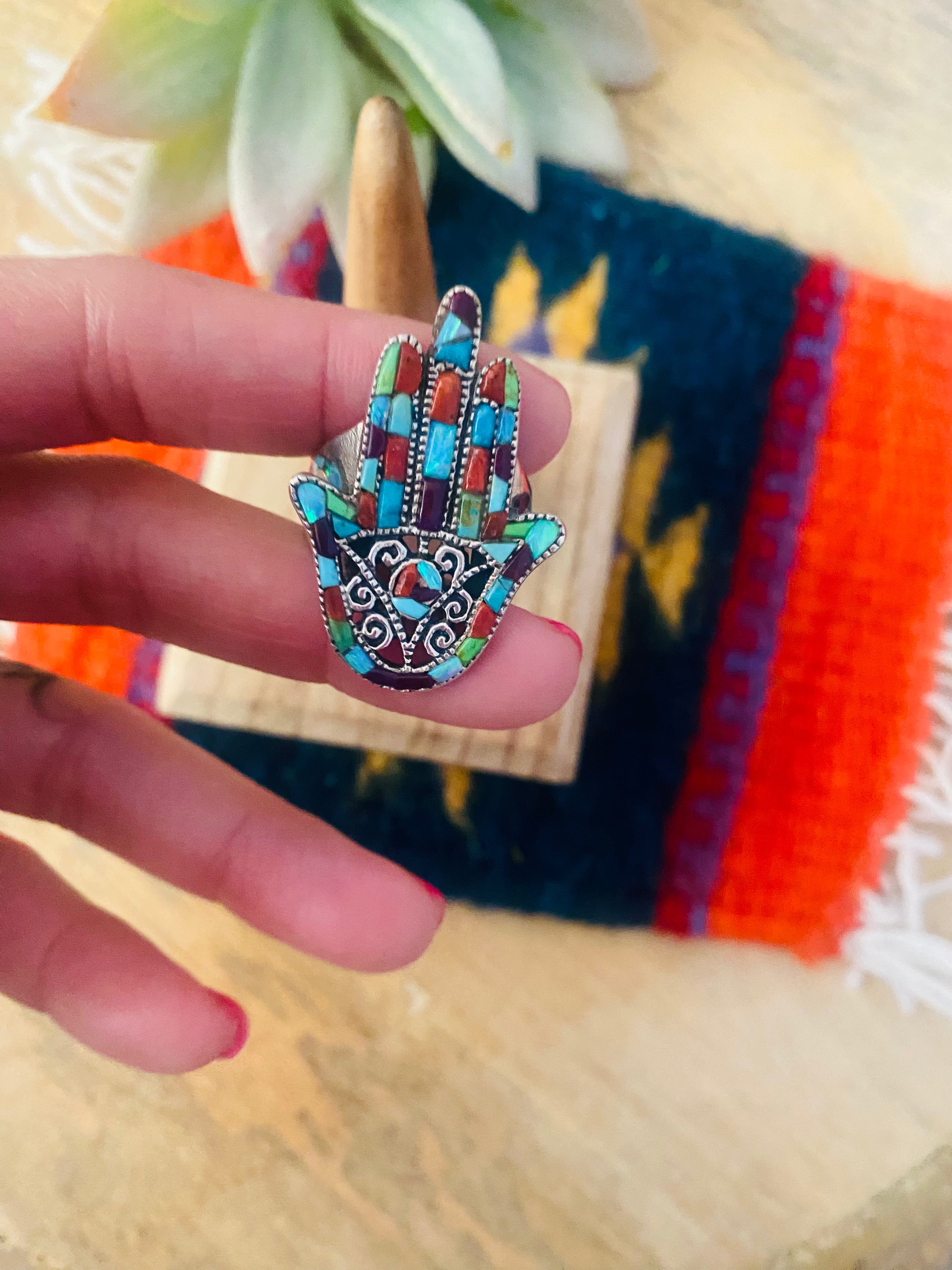Handmade Sterling Silver & Multi Stone Inlay Hamsa Hand Ring Size 9
