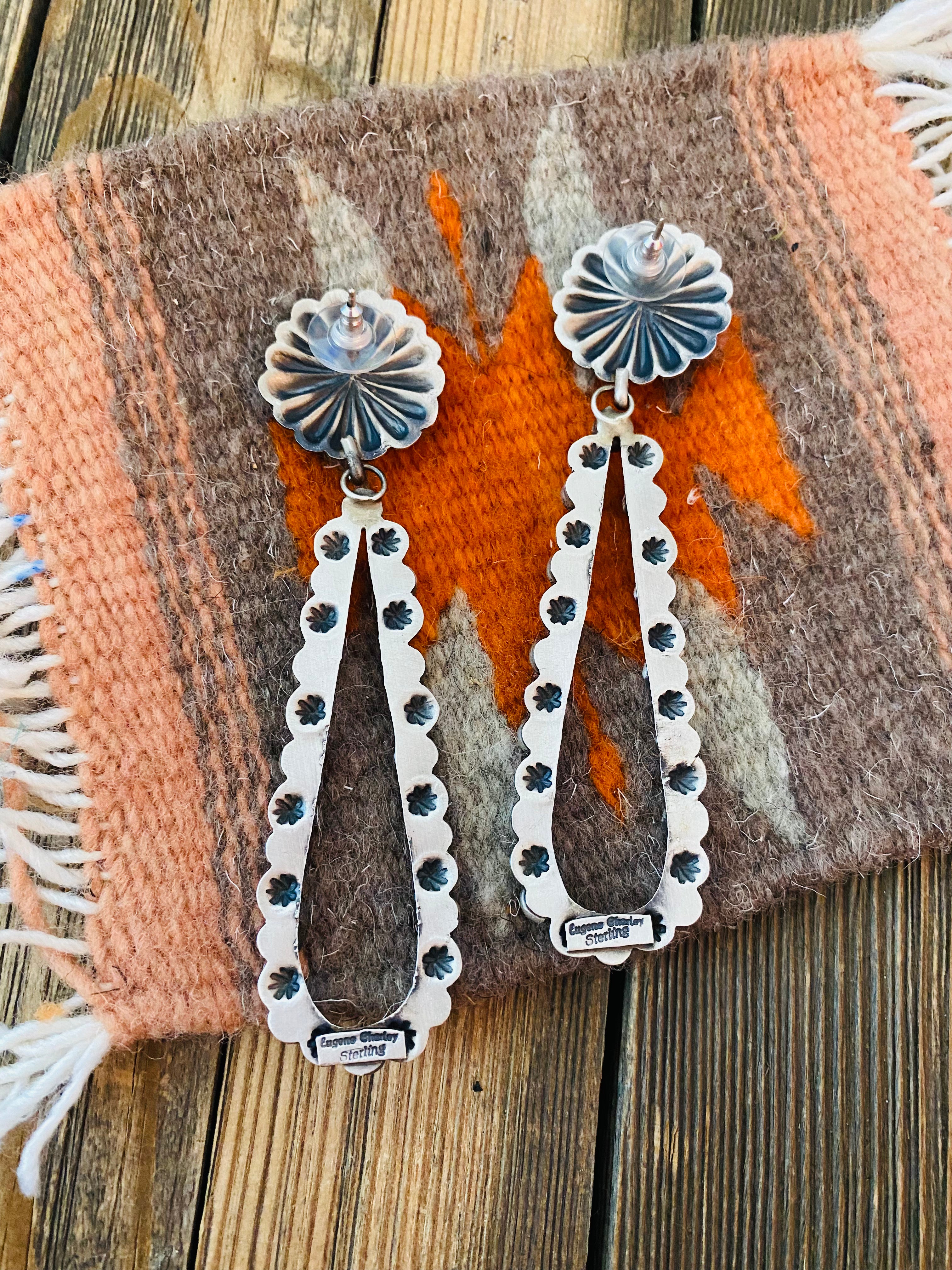 Handcrafted Sterling Silver & Turquoise Concho Dangle Earrings By Eugene Charley