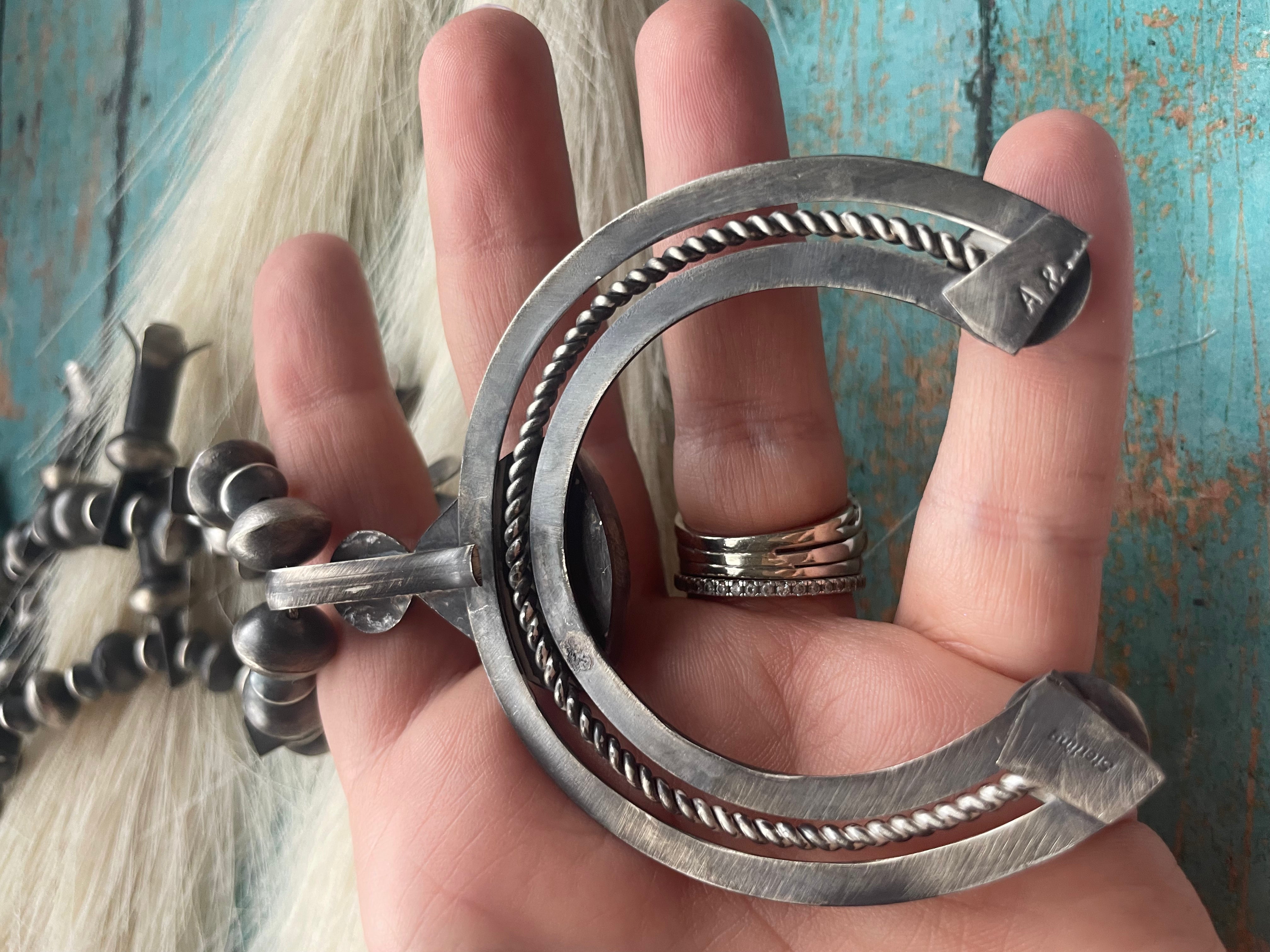 Vintage Navajo Kingman Turquoise & Sterling Silver Beaded Squash Blossom Necklace Signed