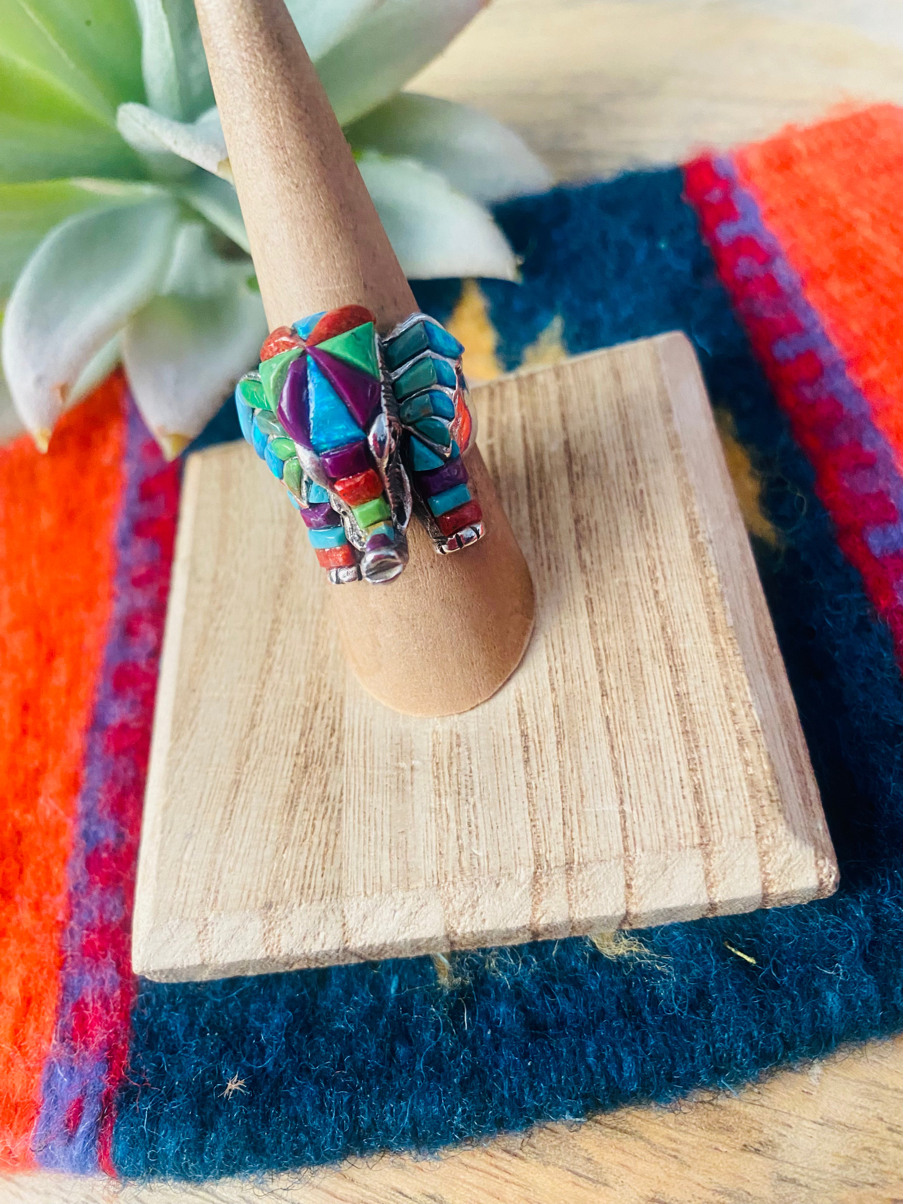 Handmade Sterling Silver & Multi Stone Inlay Elephant Ring Size 6.75