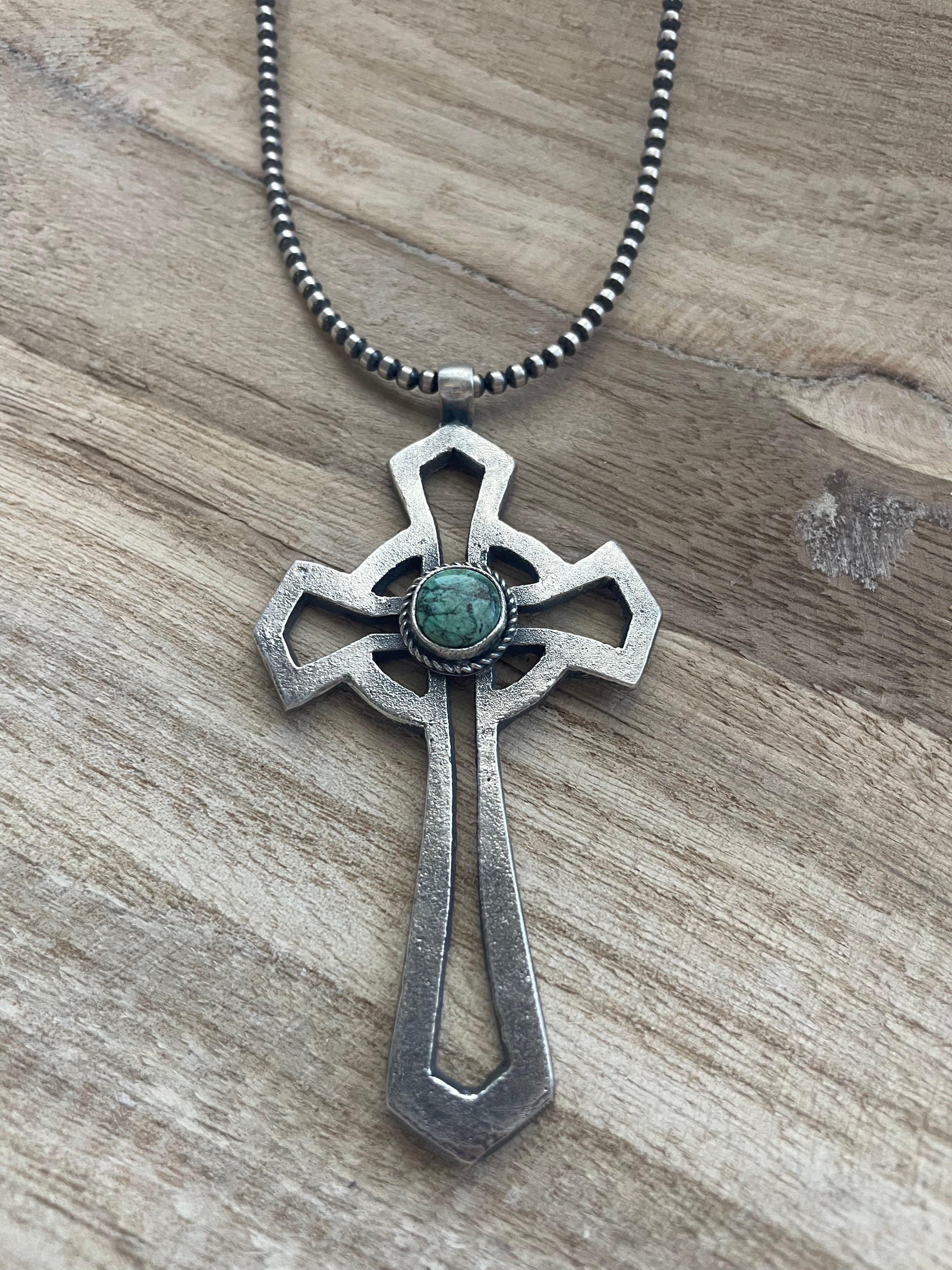 Navajo Sterling Silver & Turquoise Cross Pendant Signed Eugene Mitchell