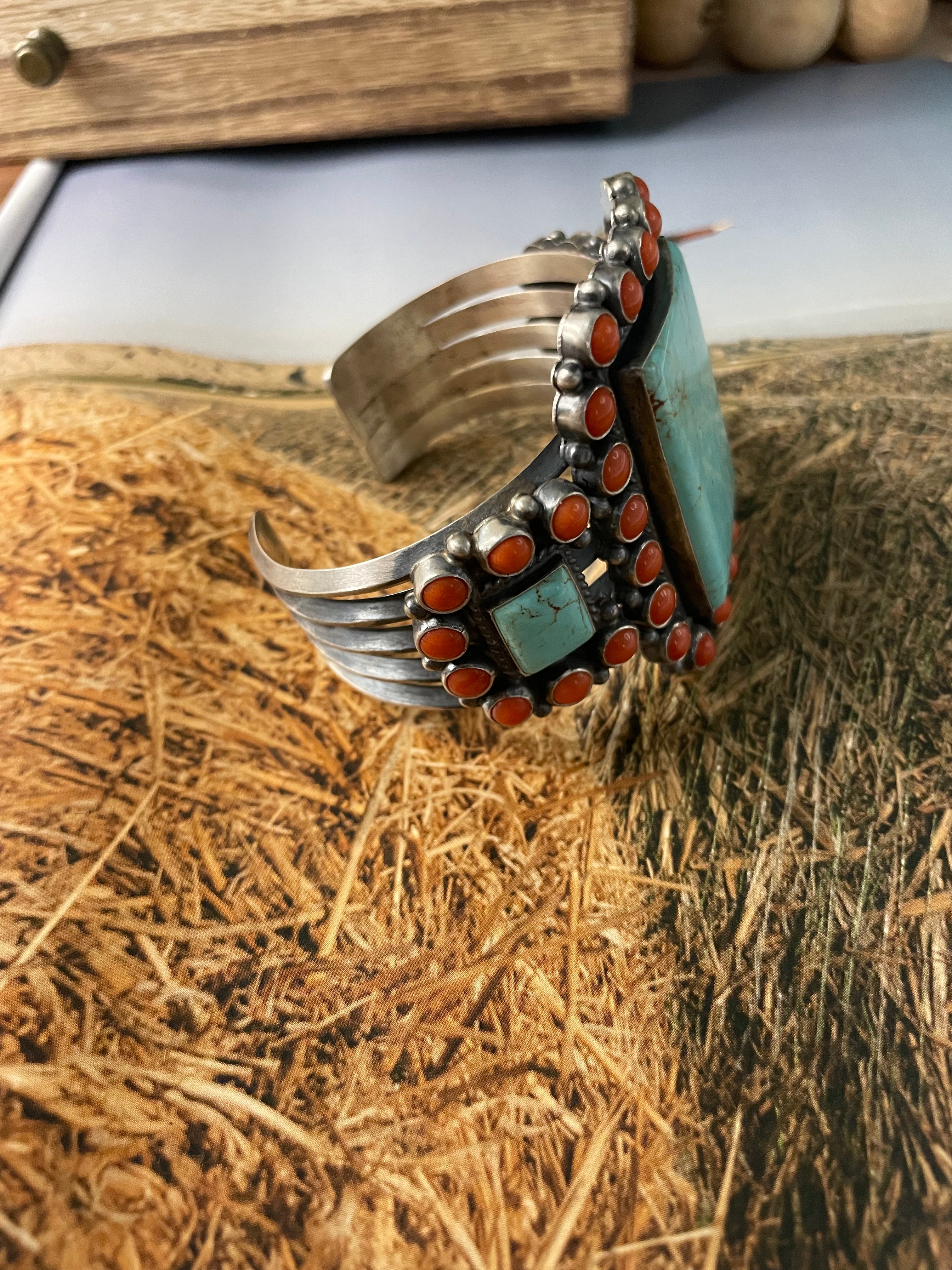Anthony Skeets Handcrafted Turquoise, Coral & Sterling Silver Cuff Bracelet Signed /