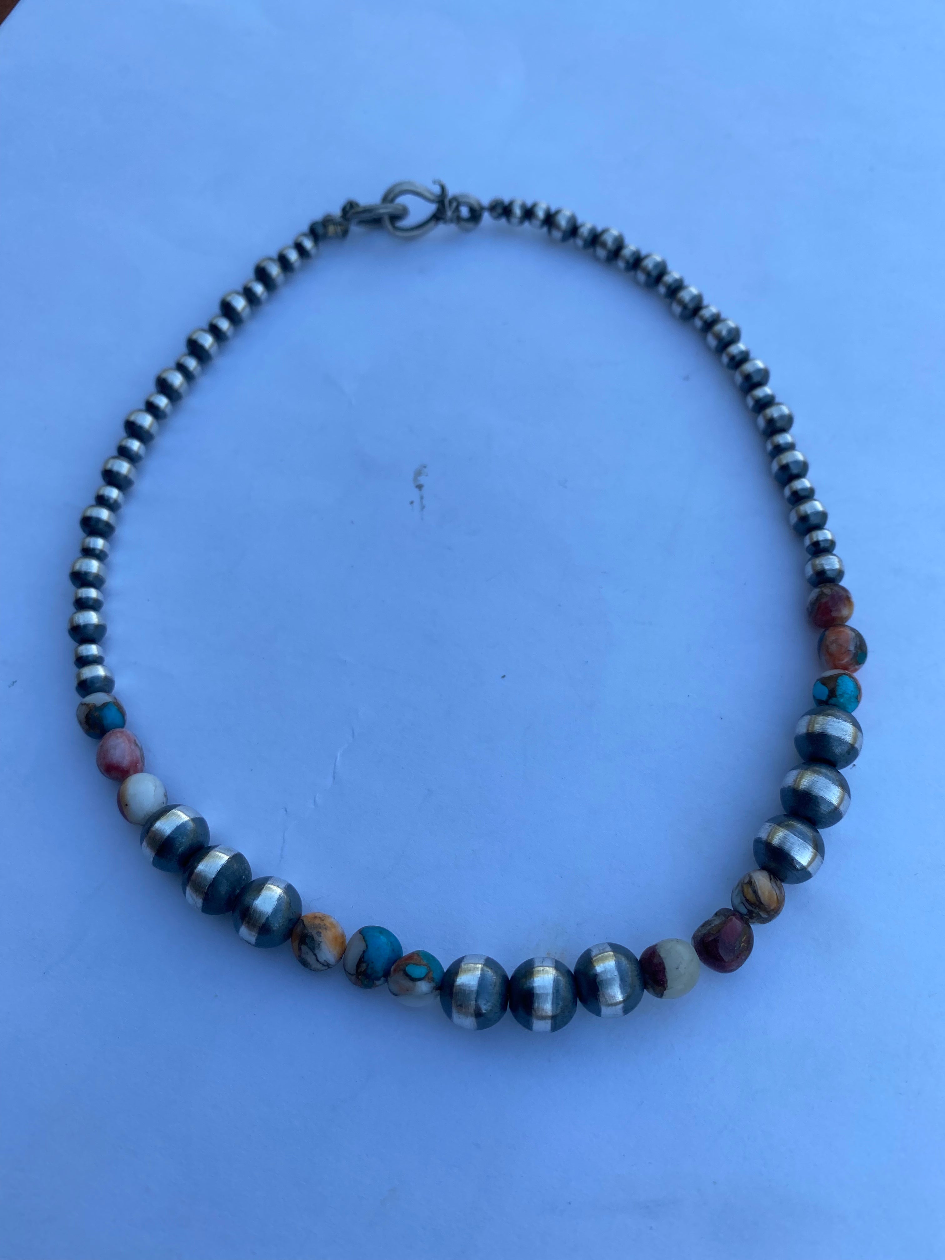 Handcrafted Turquoise & Spiny Spice Sterling Silver Beaded Necklace 14 inch