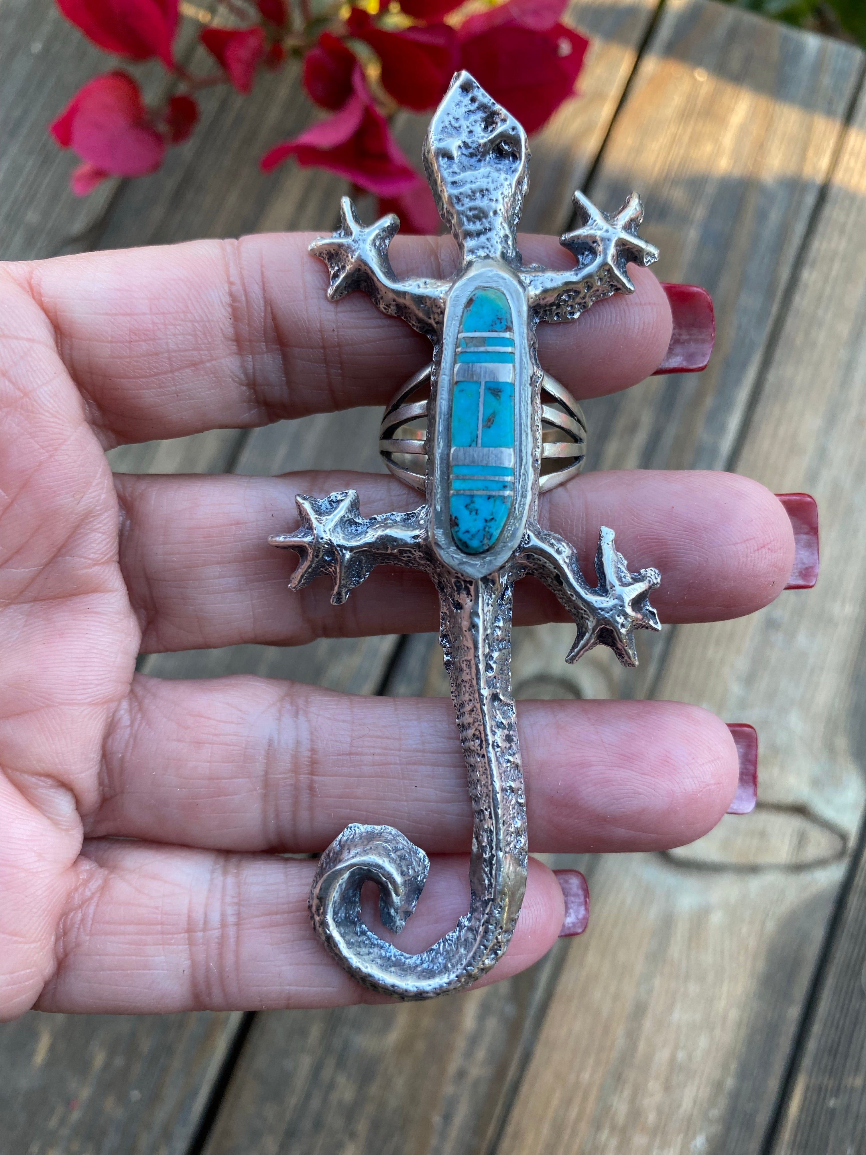 Handcrafted Turquoise& Sterling Silver Inlay Gecko Ring