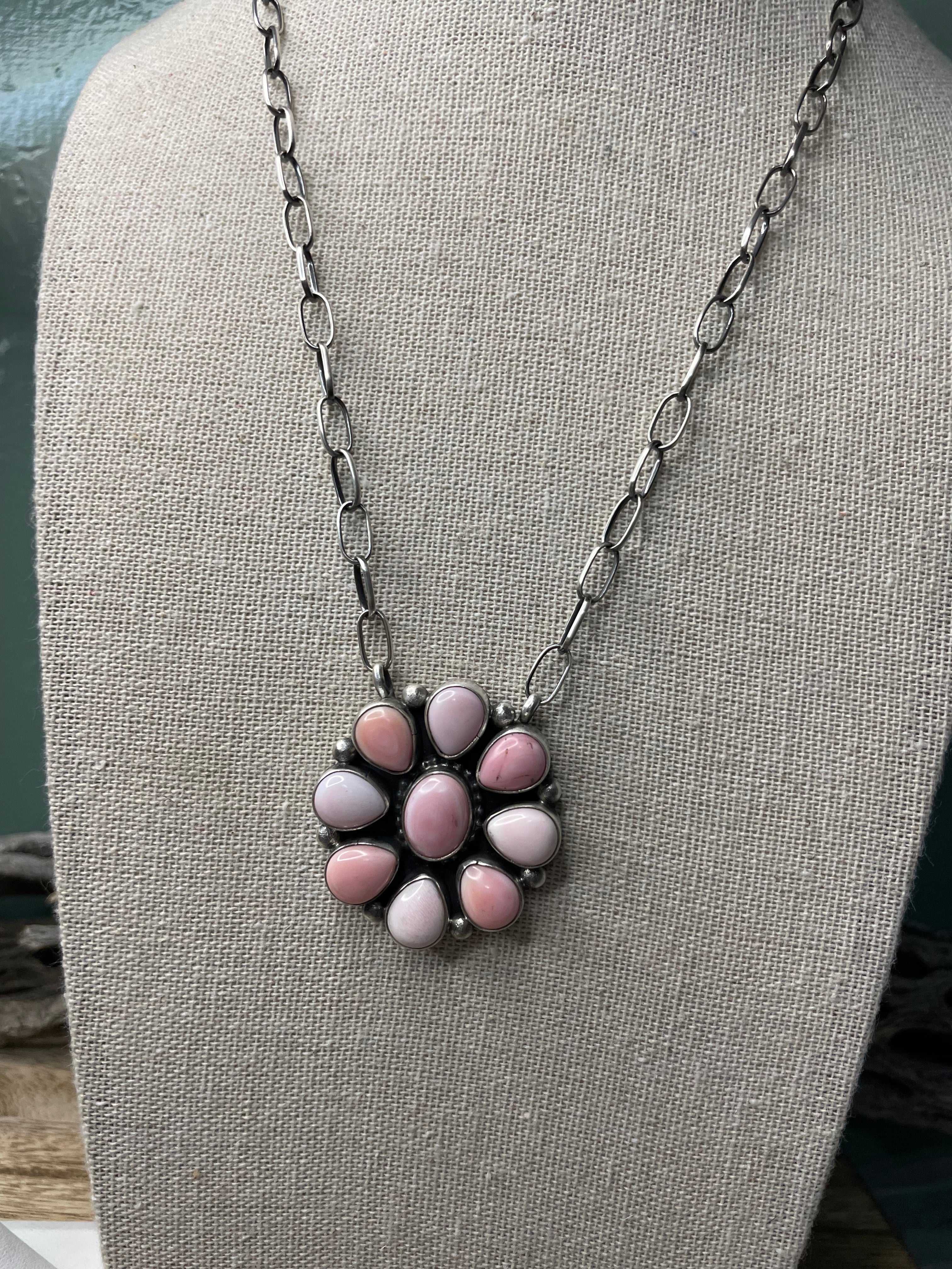Handcrafted Queen Pink Conch Shell And Sterling Silver Necklace Signed