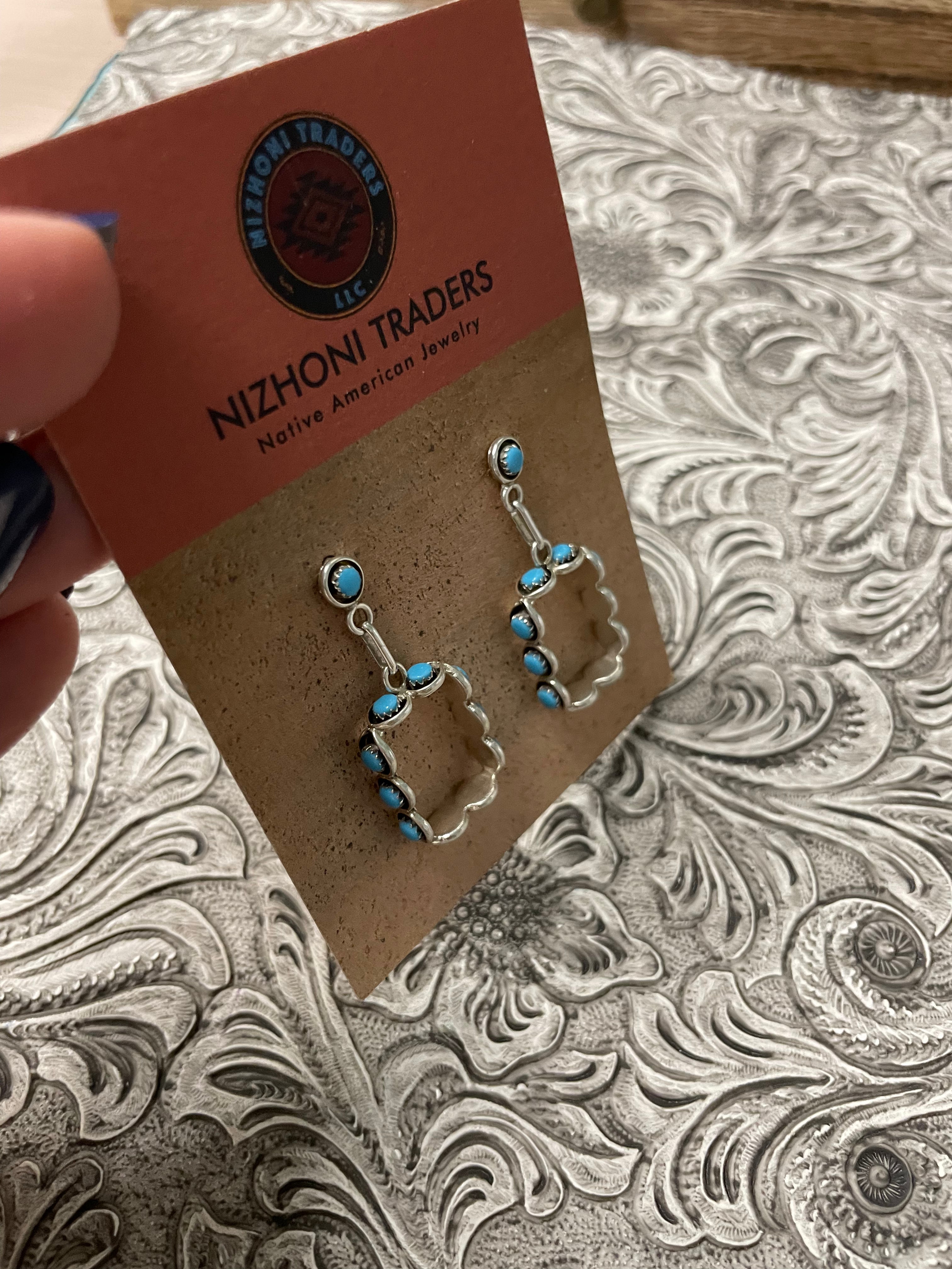 Zuni Turquoise And Sterling Silver Snake Eye Dangle Earrings