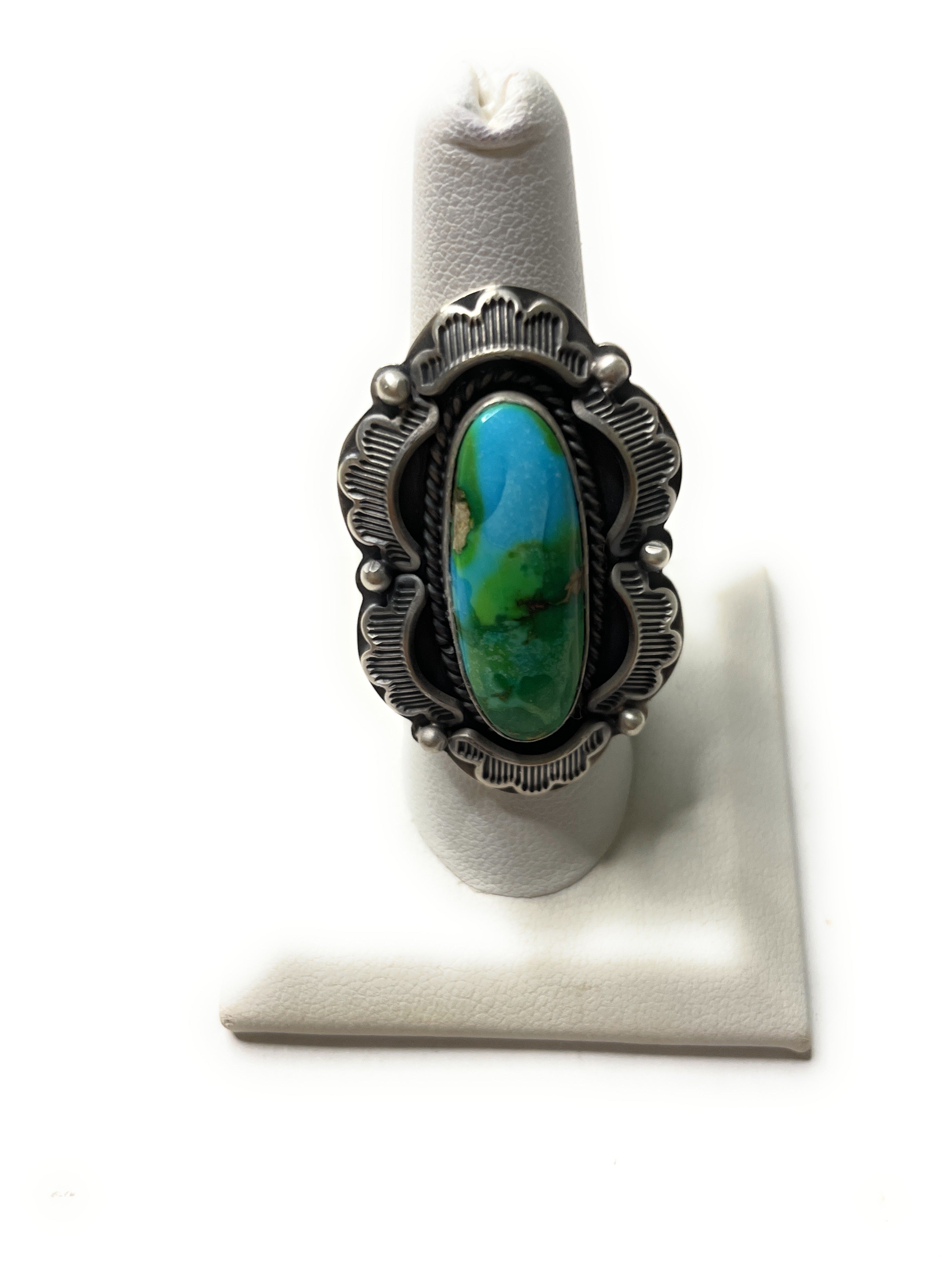 Navajo Sonoran Mountain Turquoise And Sterling Silver Statement Ring Size 8