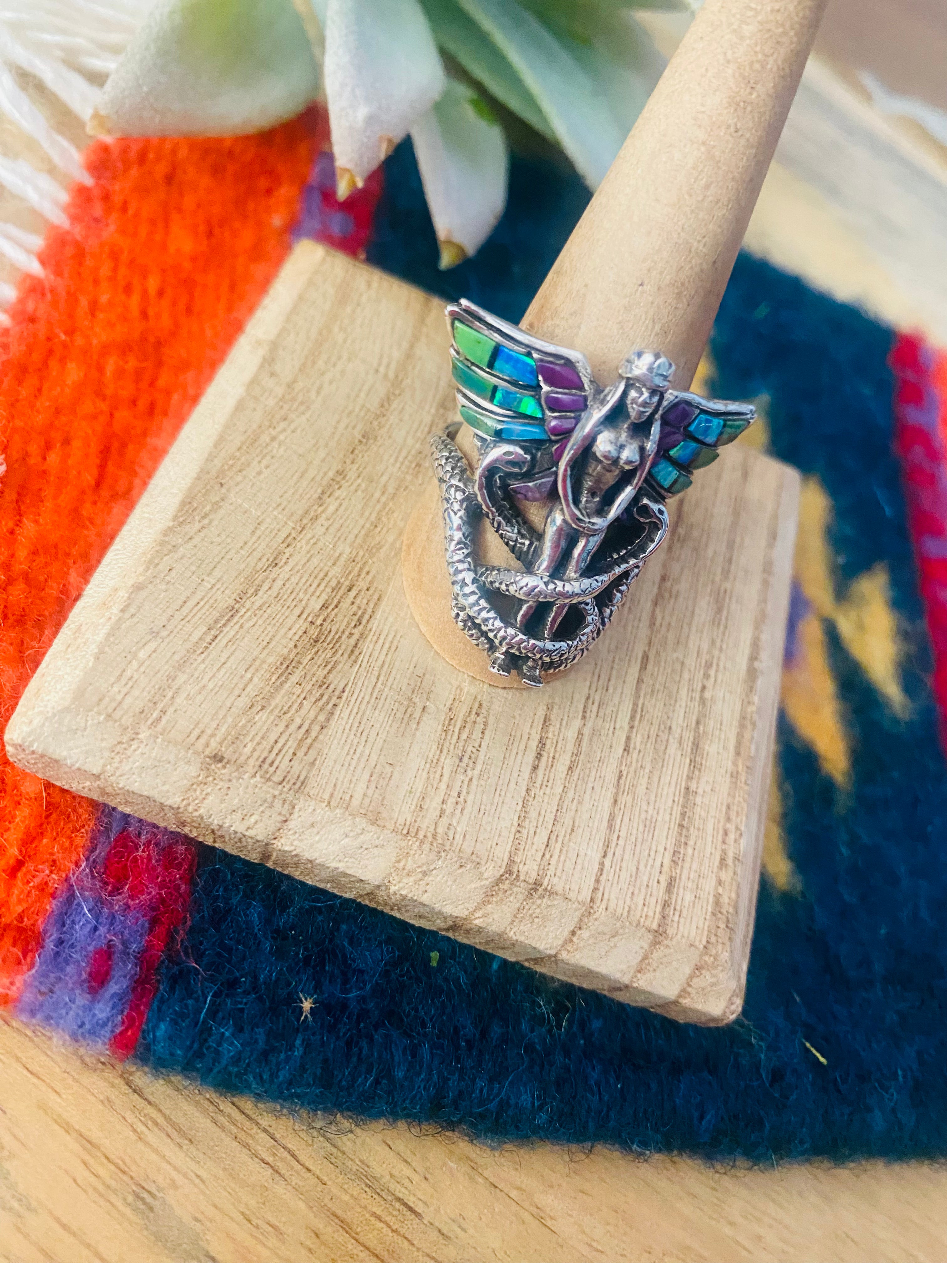 Handmade Sterling Silver & Multi Stone Inlay Snake Queen Ring Size 9.5