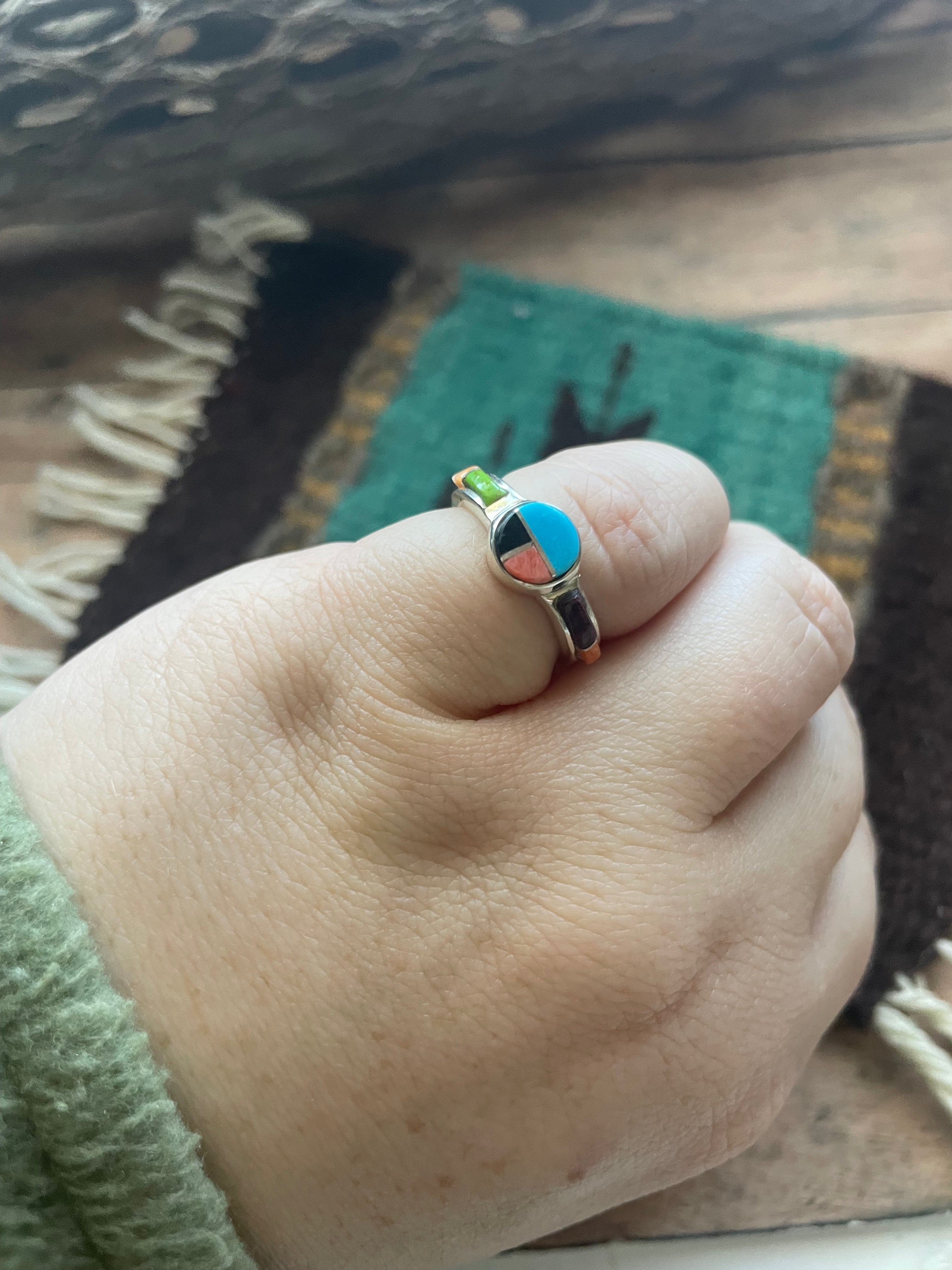 Handcrafted Sterling Silver & Multi Stone Inlay Ring Size 5.5