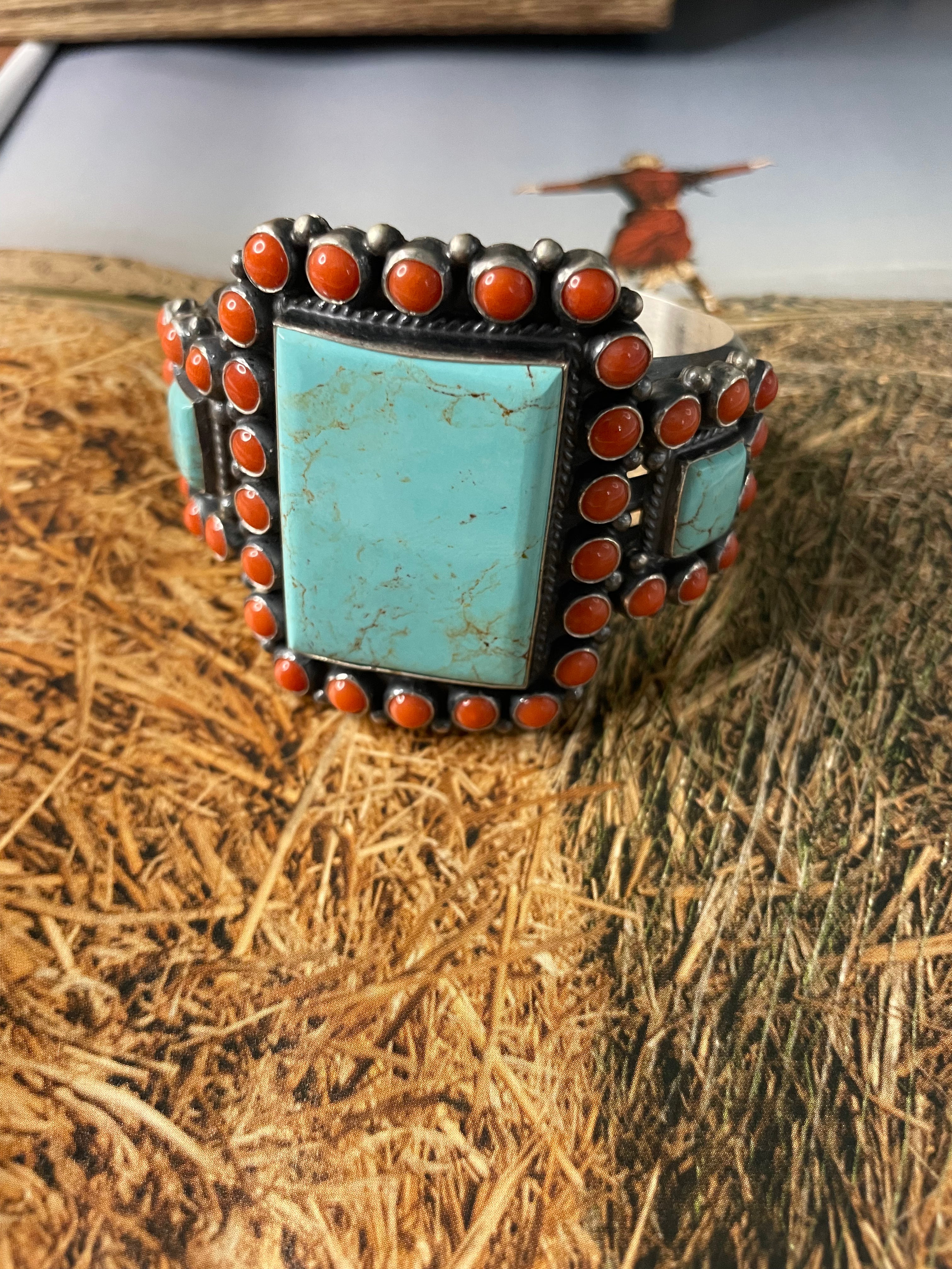Anthony Skeets Handcrafted Turquoise, Coral & Sterling Silver Cuff Bracelet Signed /