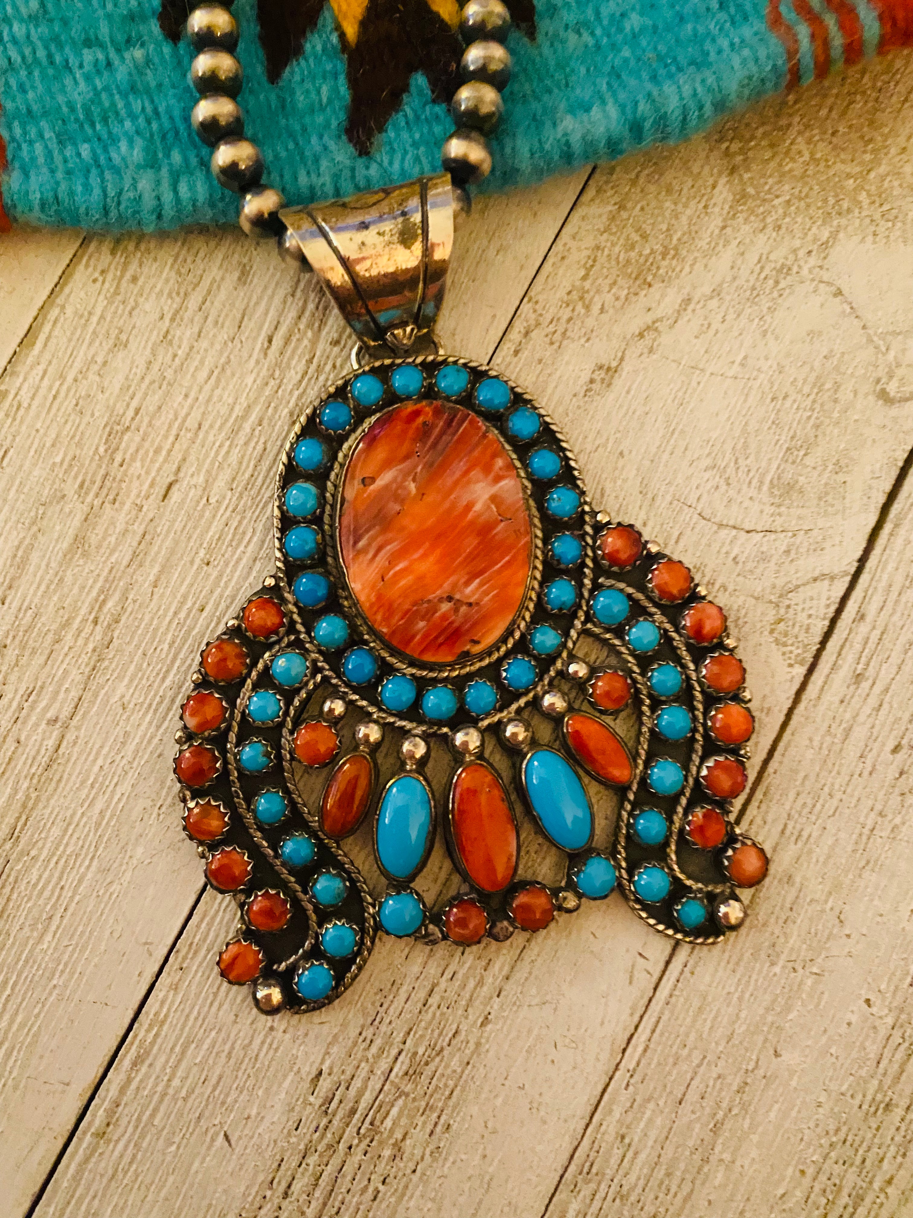 Navajo Sterling Silver & Multi Stone Cluster Pendant by Lorenzo James