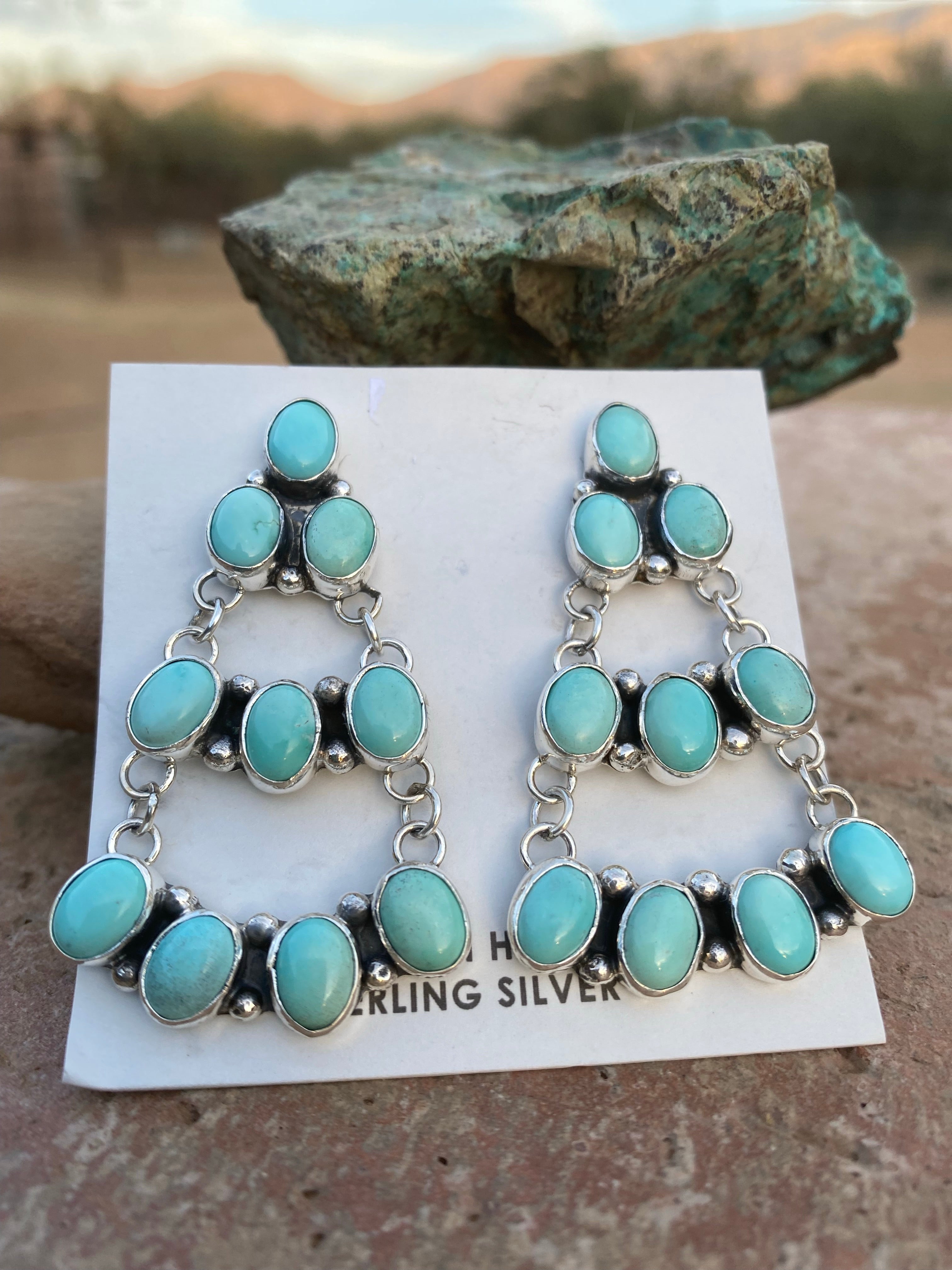 Carico Lake Turquoise & Sterling Silver Cluster Dangle Earrings Signed