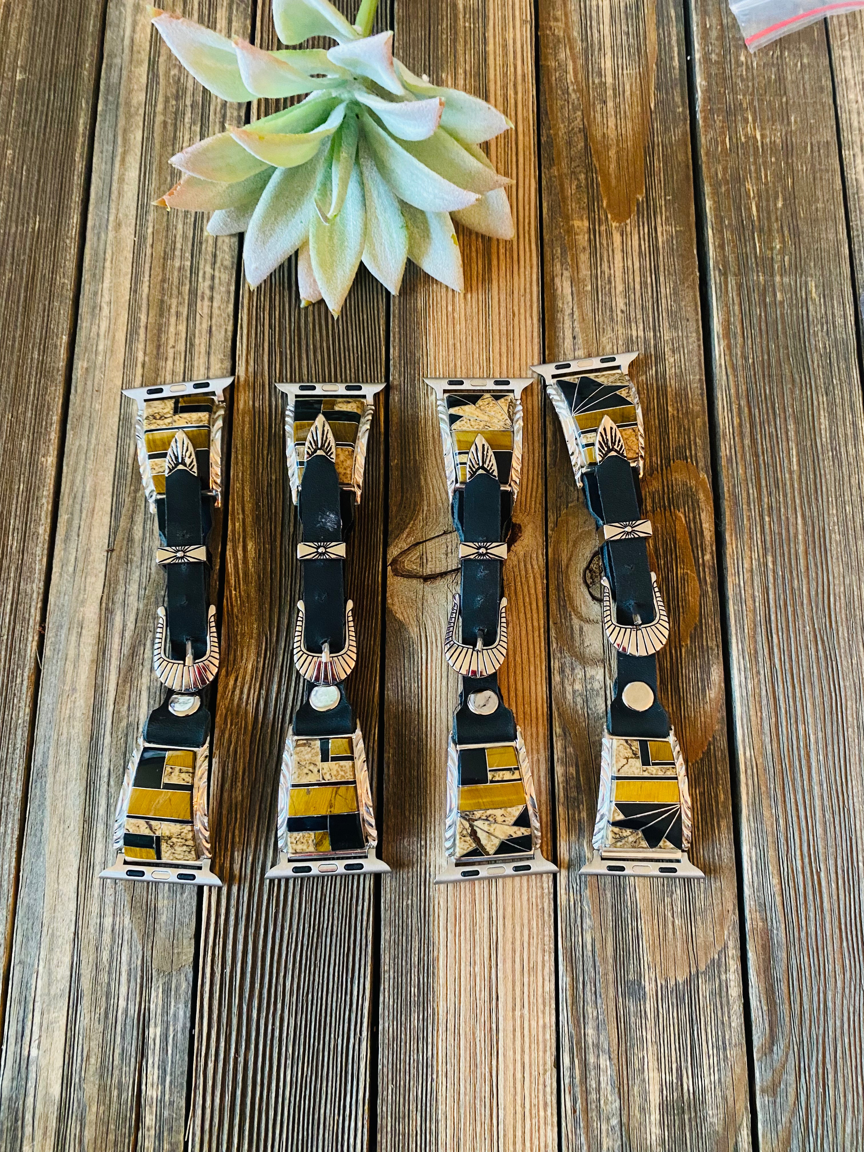 Handcrafted Multi Stone, Sterling Silver & Black Leather Smartphone Watch Band