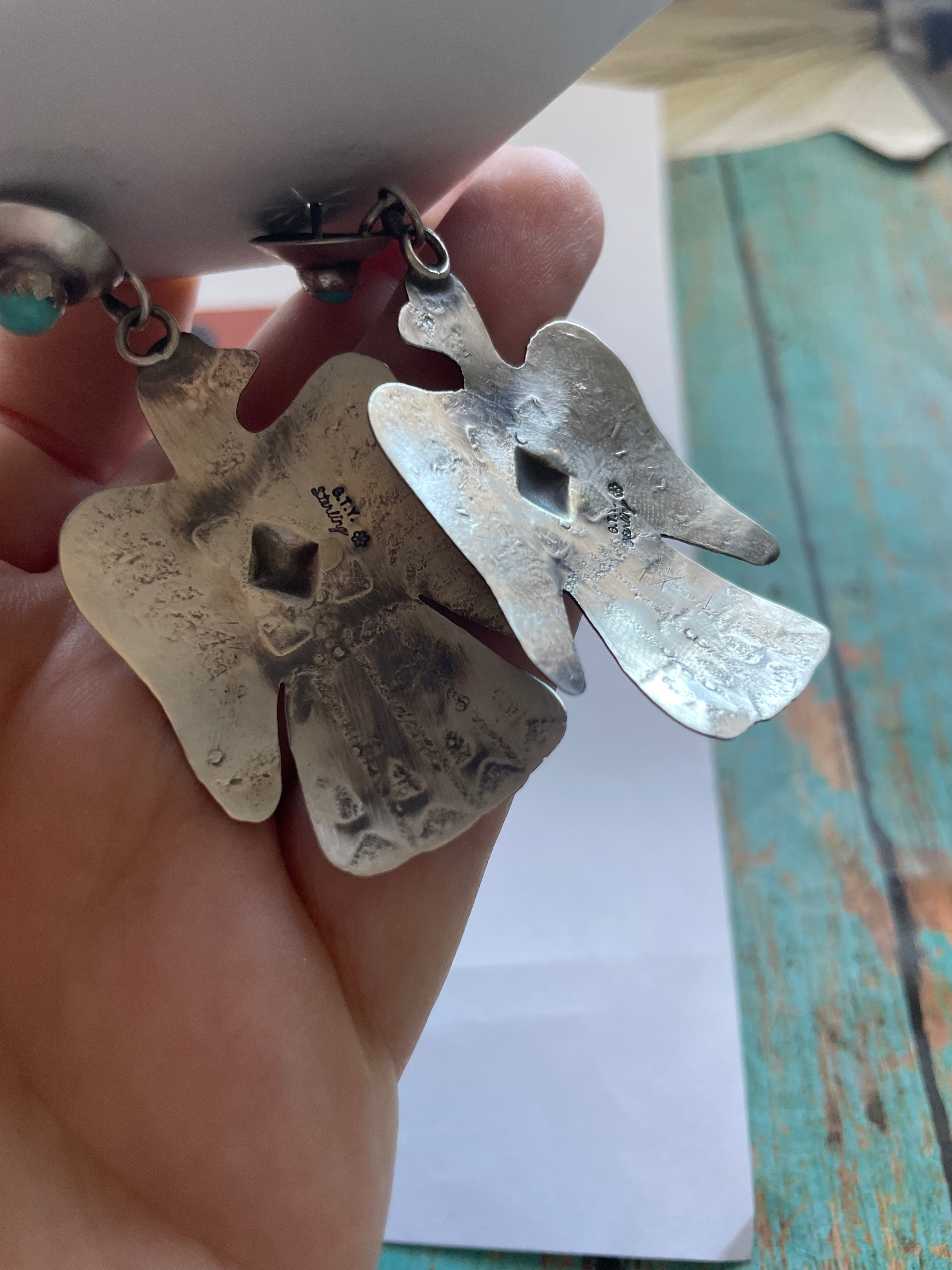 Handcrafted Turquoise & Sterling Silver Thunderbird Dangle Earrings By Tim Yazzie