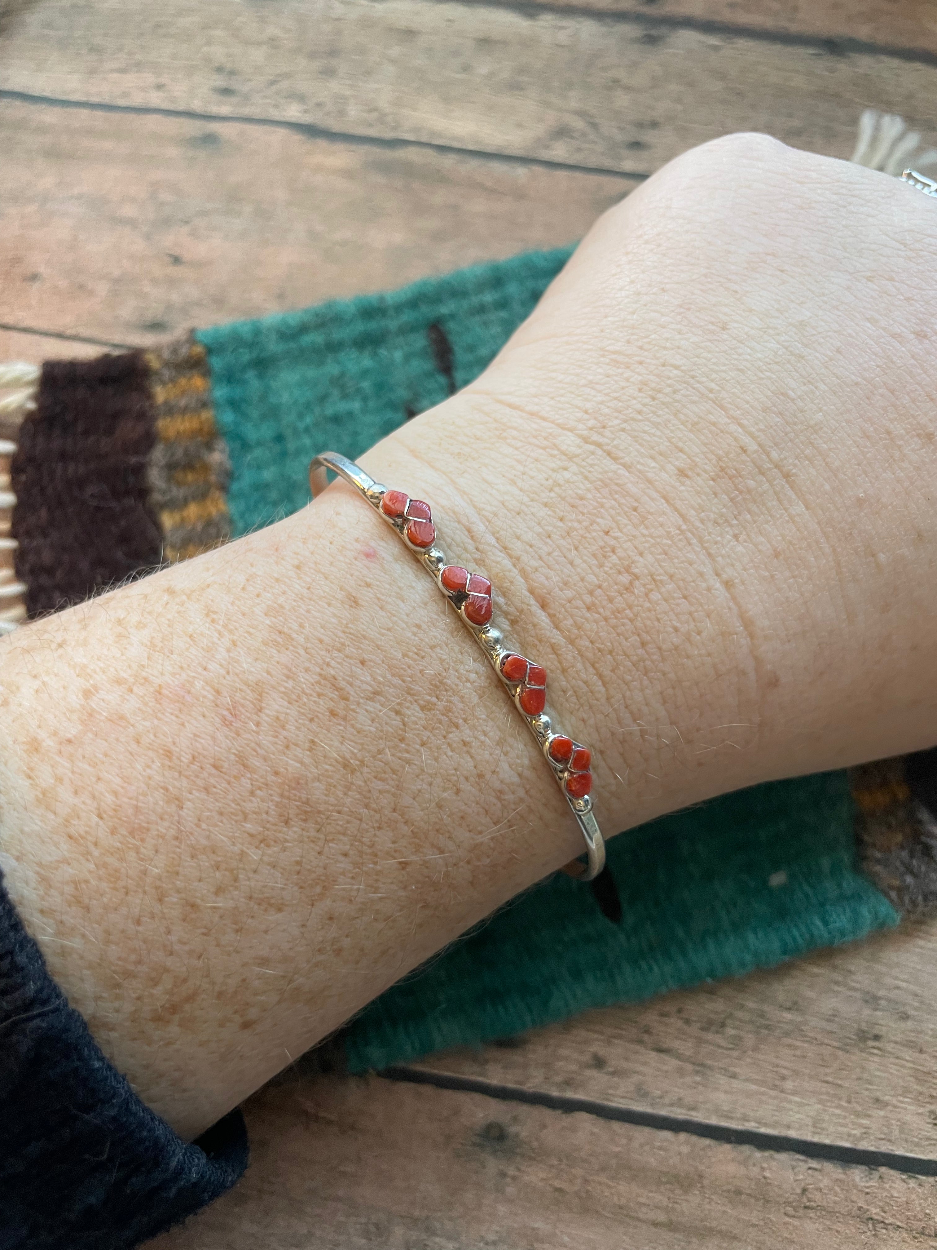 Handcrafted Sterling Silver & Coral Heart Adjustable Cuff Bracelet
