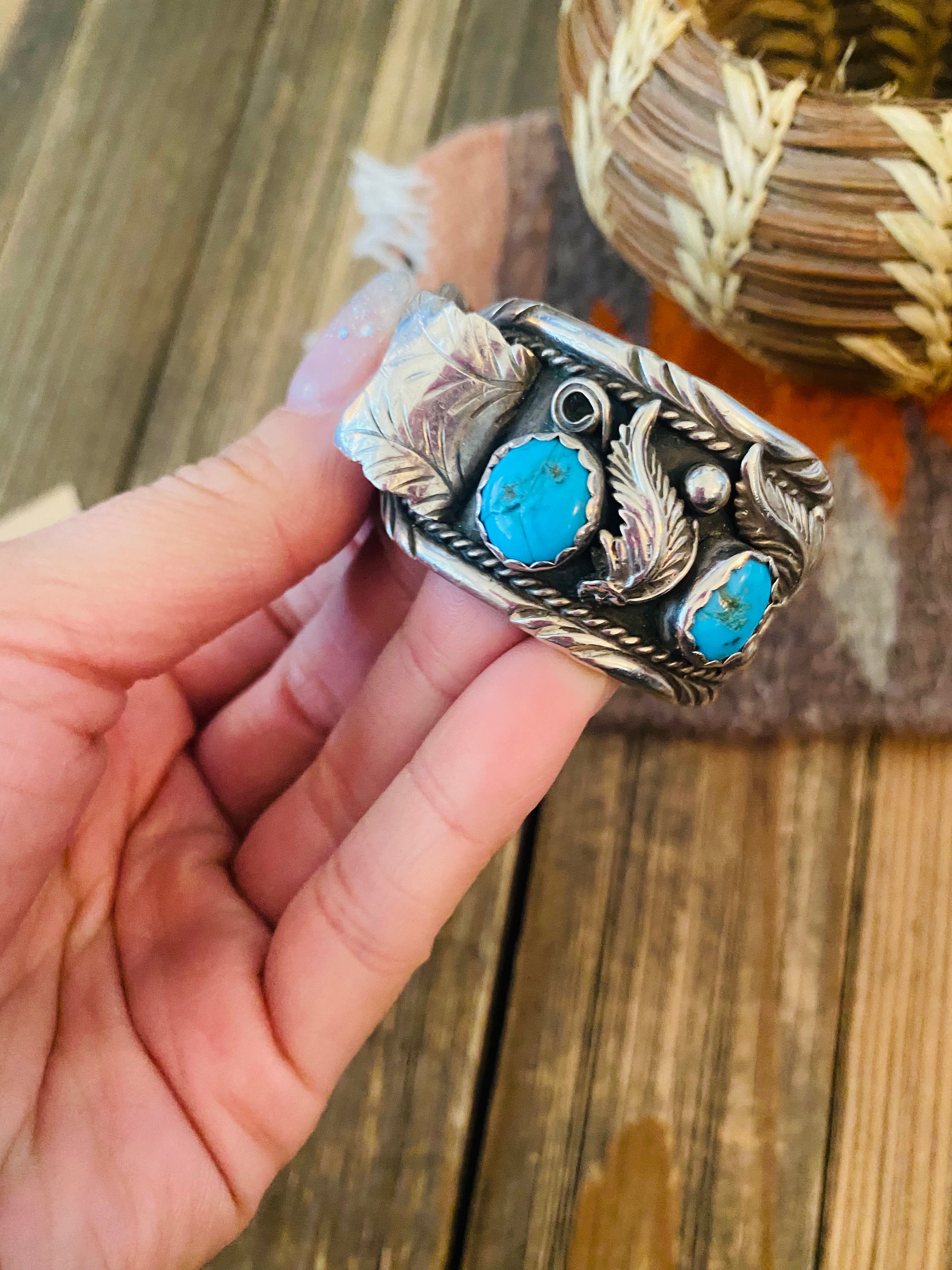 Old Pawn Vintage Navajo Kingman Turquoise & Sterling Silver Watch Cuff