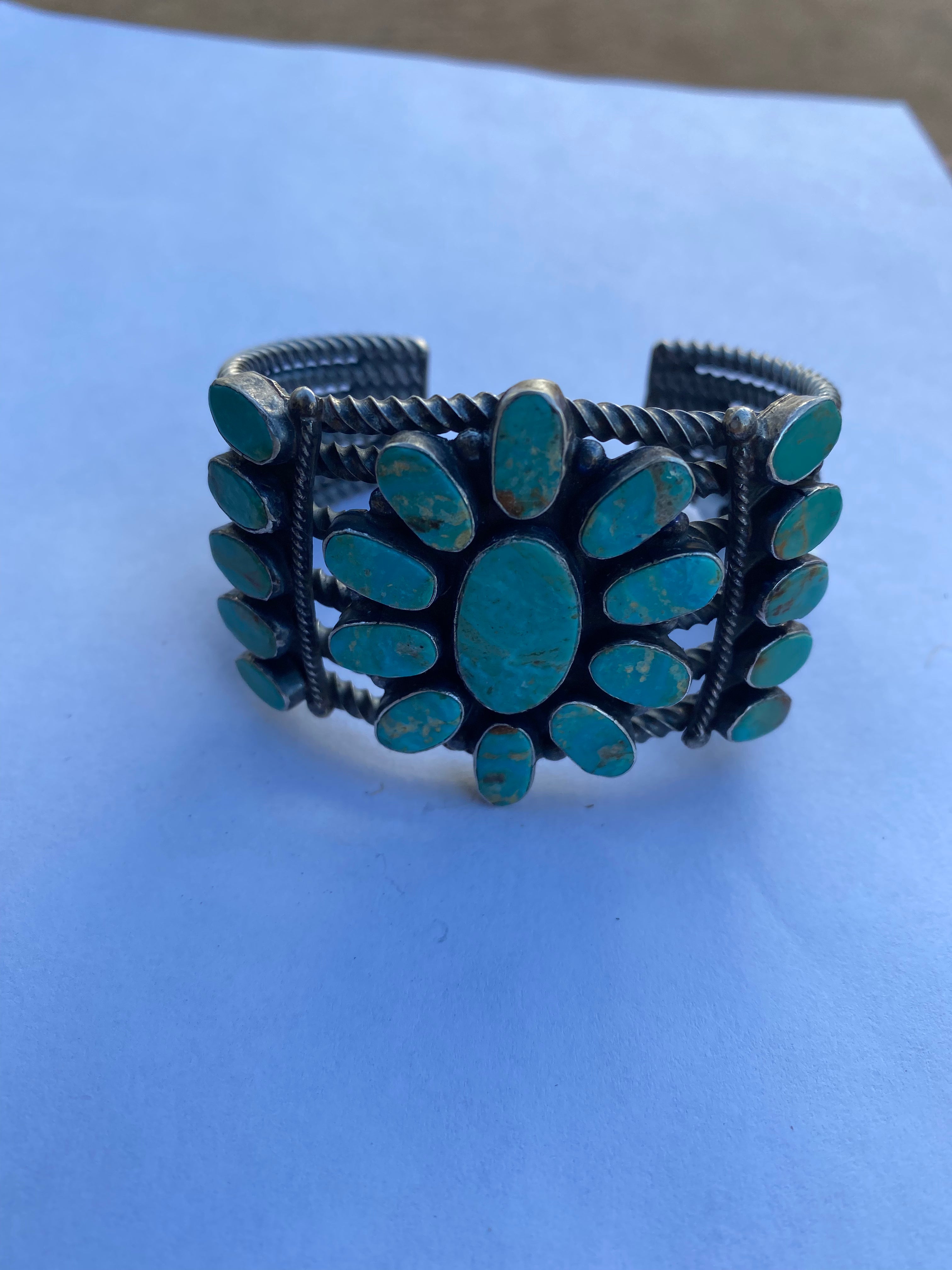 Navajo Jacqueline Silver Royston Turquoise & Sterling Cluster Cuff /