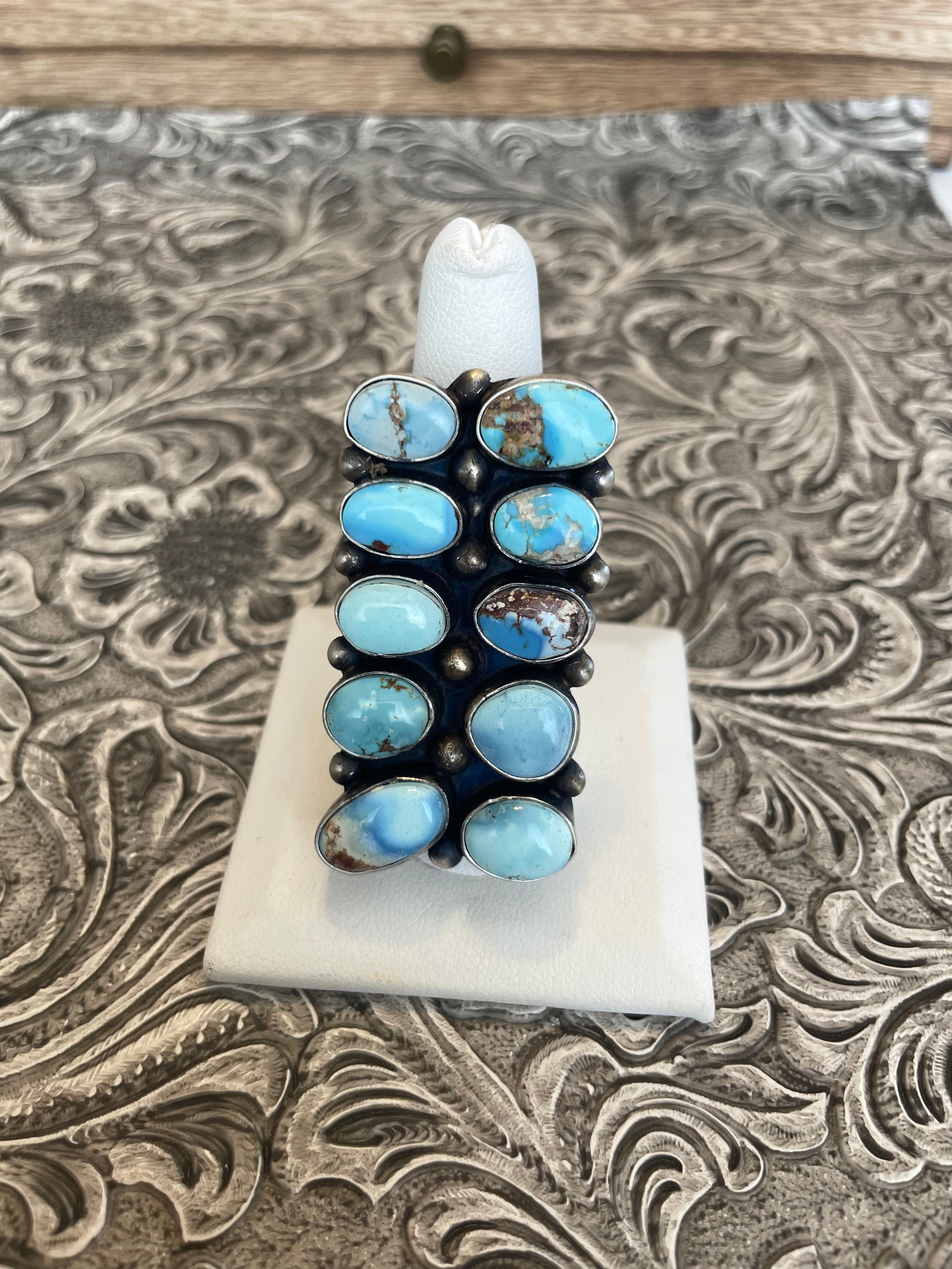 Handcrafted Golden Hills Turquoise Sterling Silver Ring By Kathleen Chavez Size 8.5