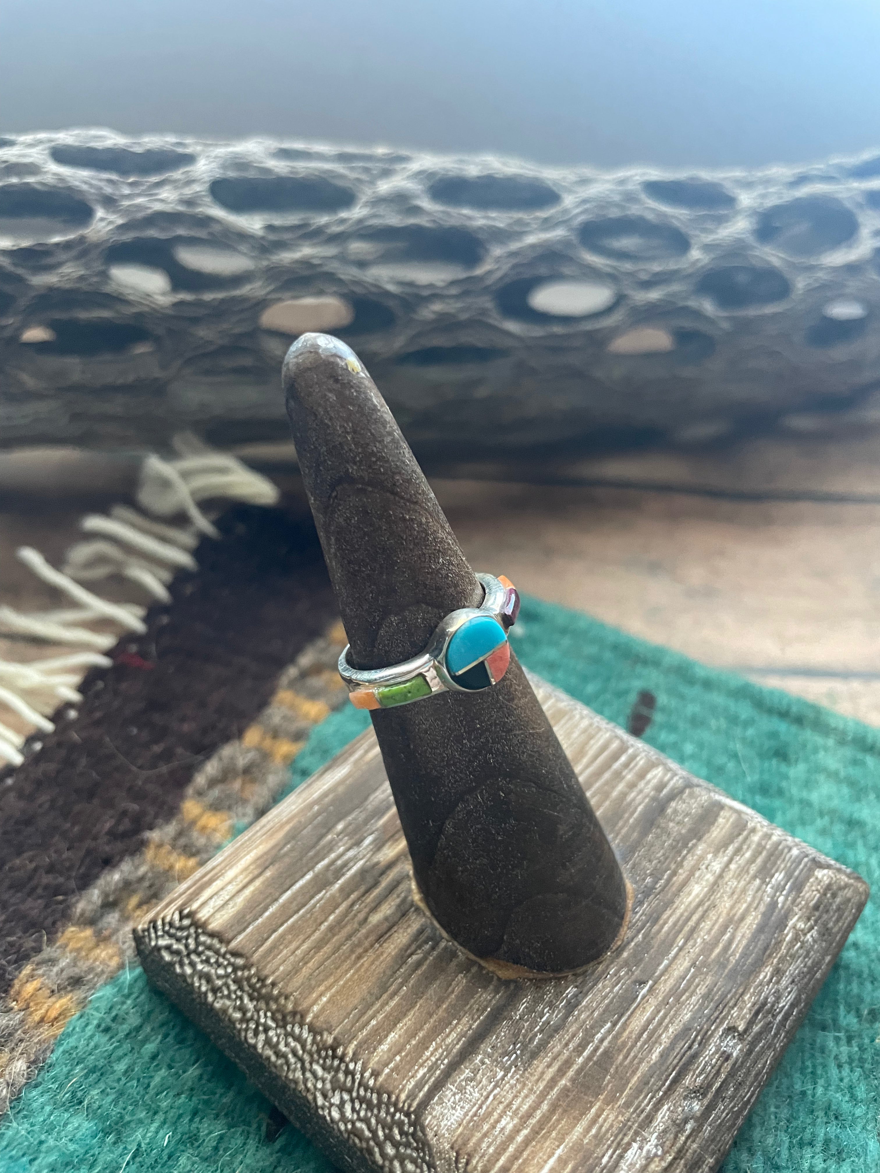 Handcrafted Sterling Silver & Multi Stone Inlay Ring Size 5.5