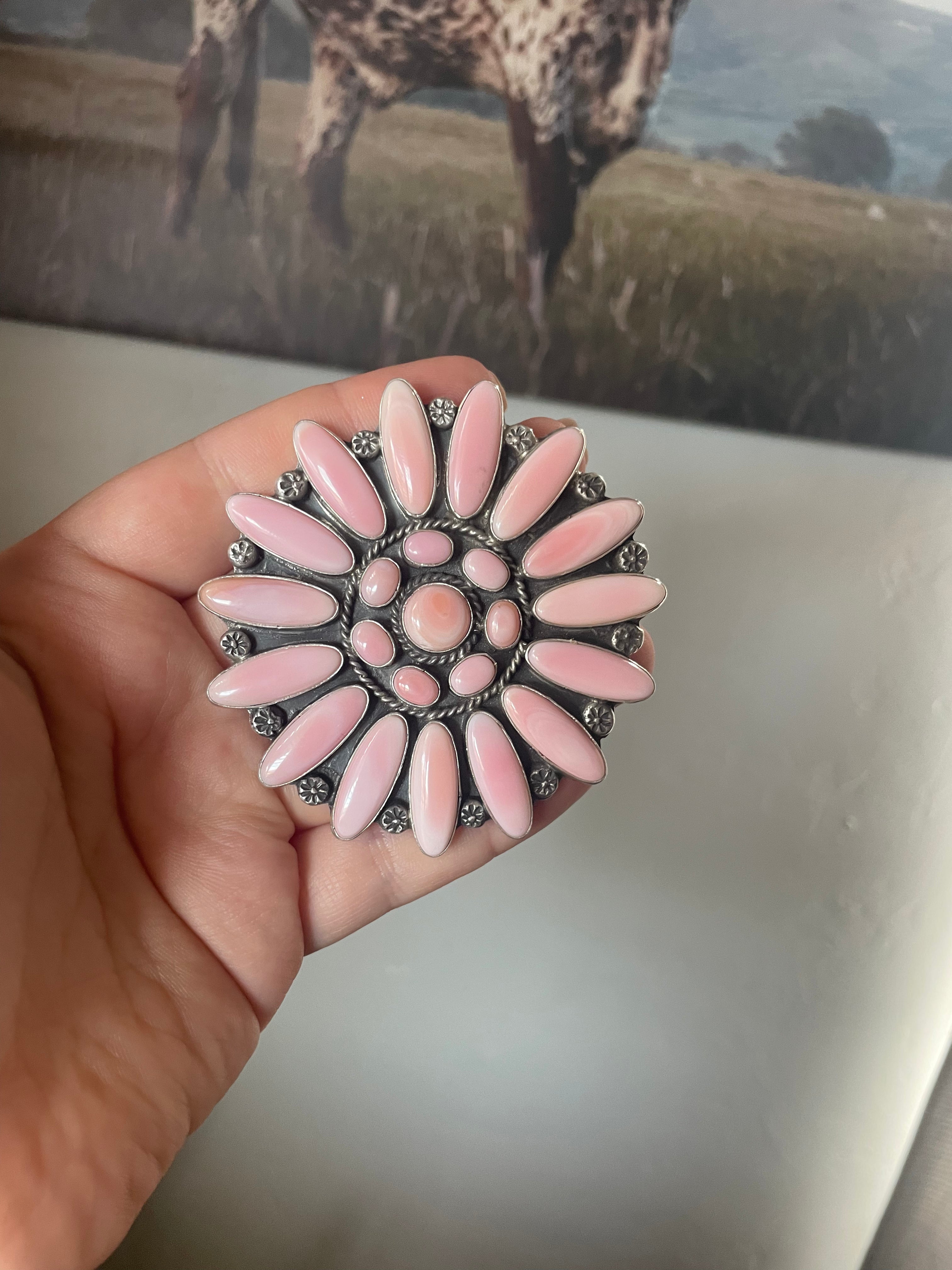 Handcrafted Sterling and Queen Pink Conch Shell Adjustable Statement Ring Signed C Yazzie