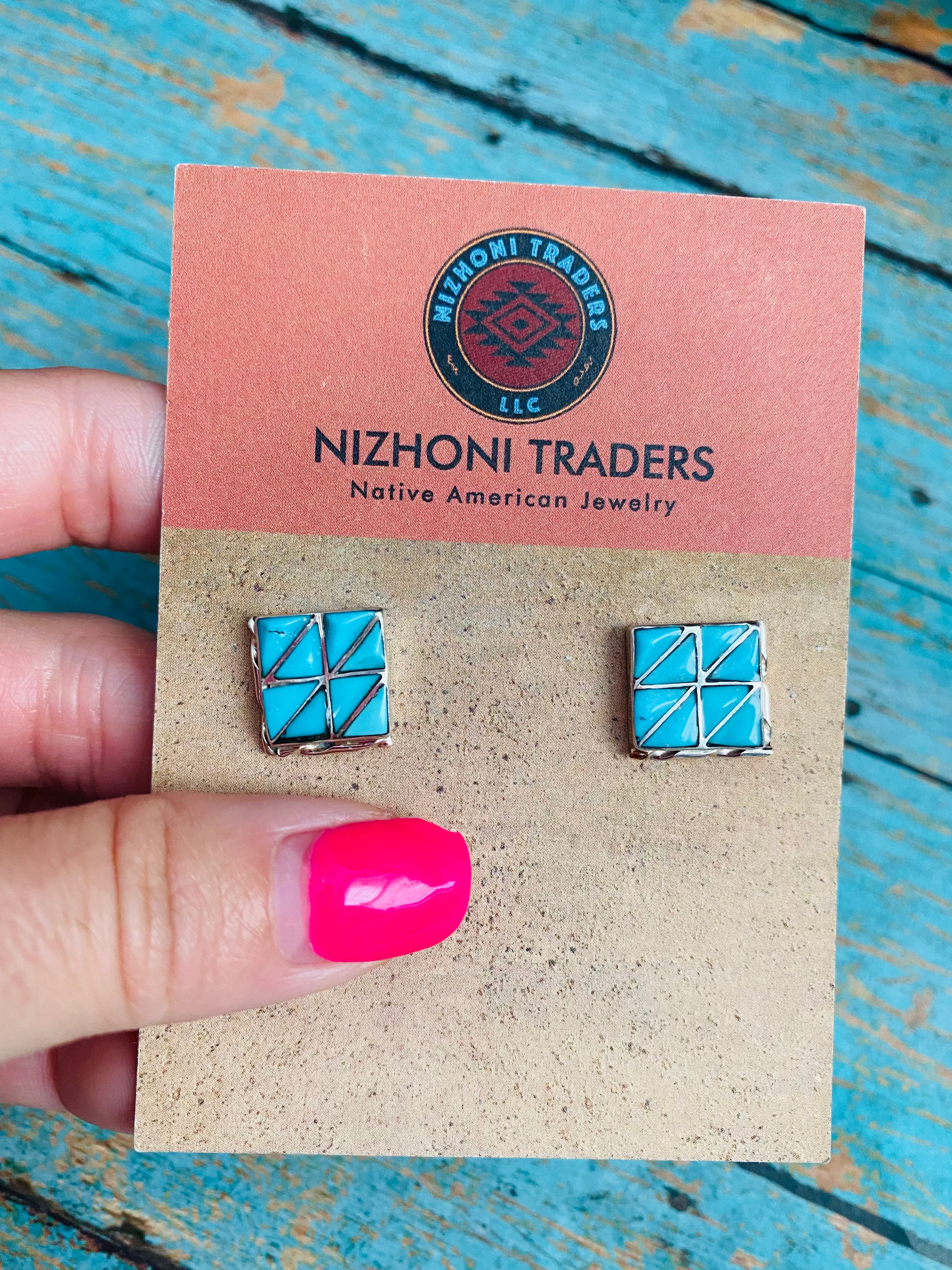 Handcrafted Sterling Silver & Turquoise Inlay Stud Earrings