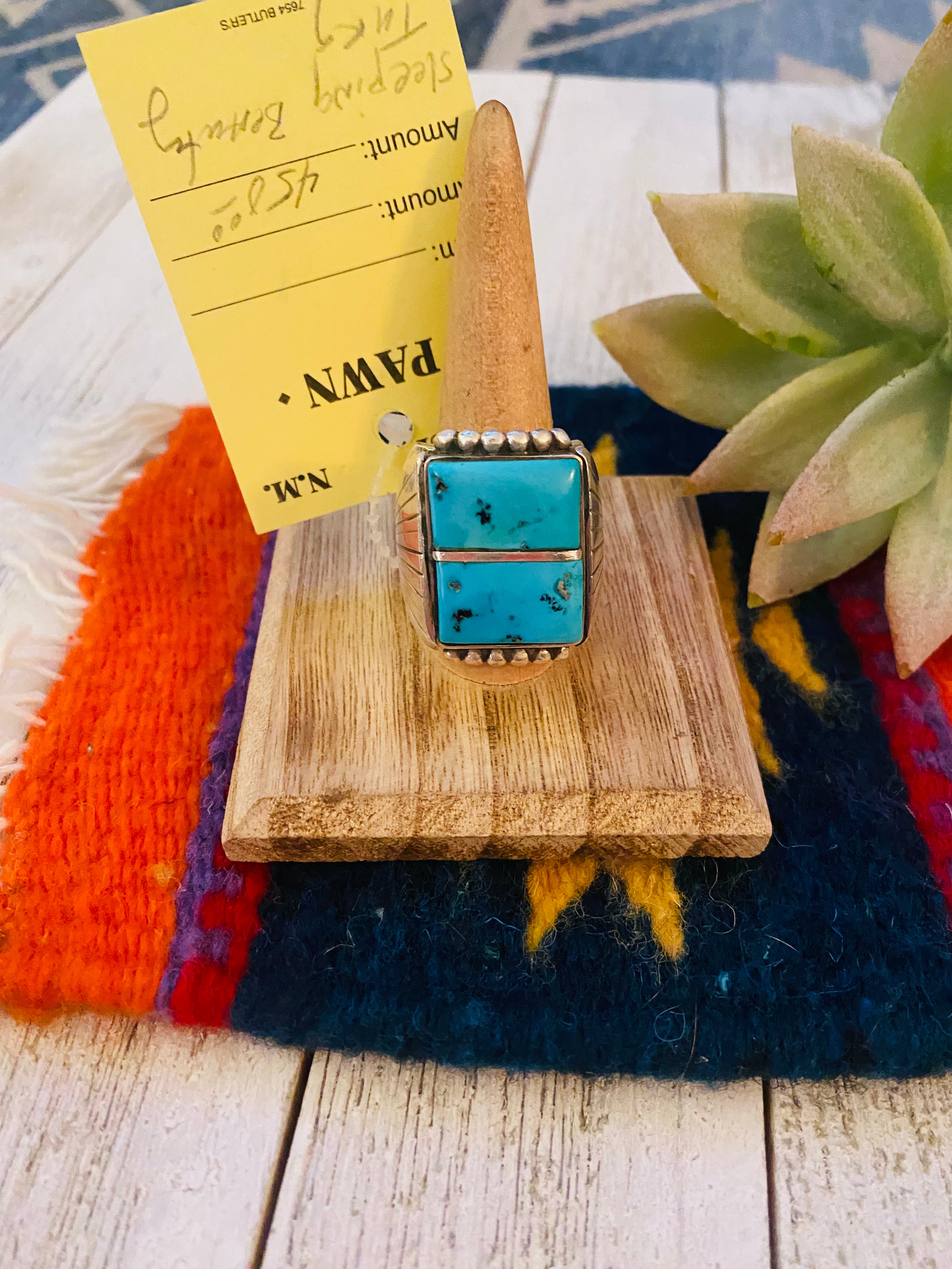 Old Pawn Vintage Handcrafted Sterling Silver & Turquoise Inlay Ring Size 10.5