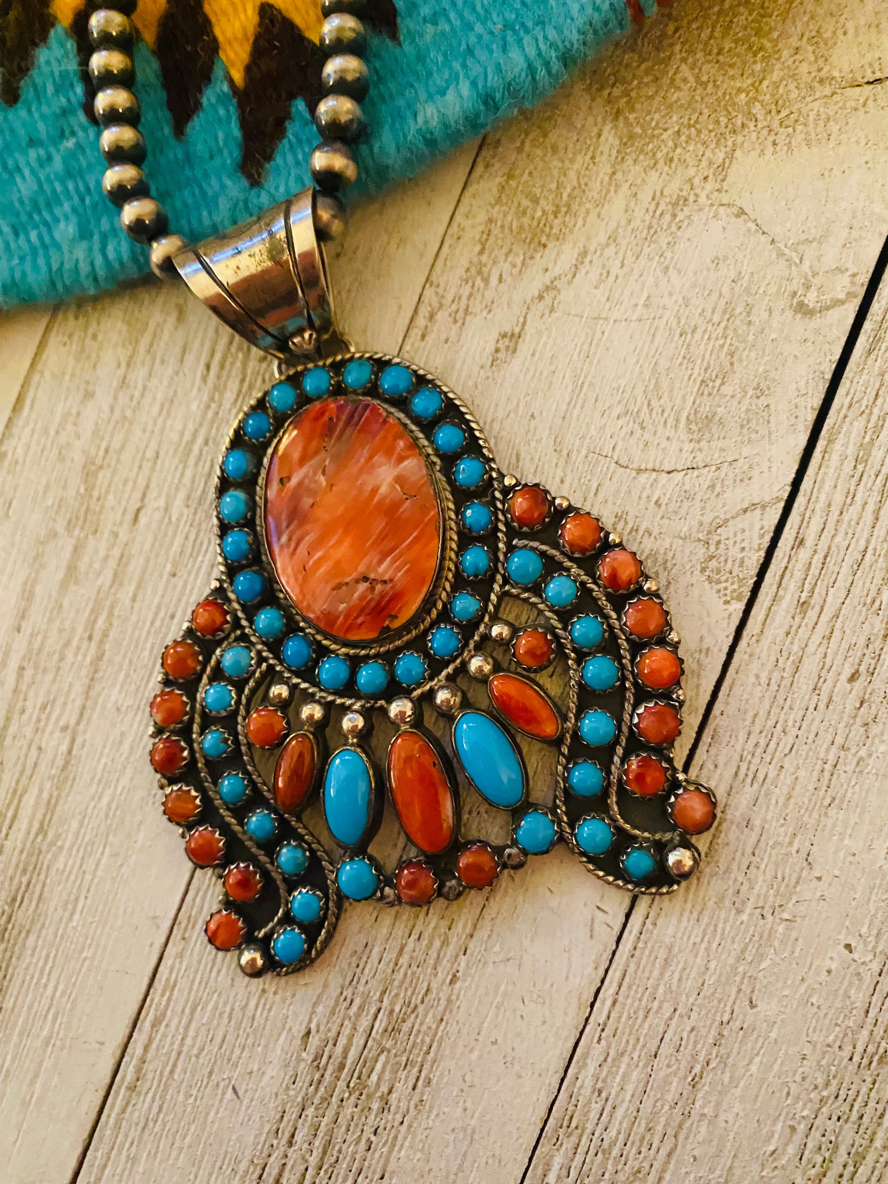Navajo Sterling Silver & Multi Stone Cluster Pendant by Lorenzo James
