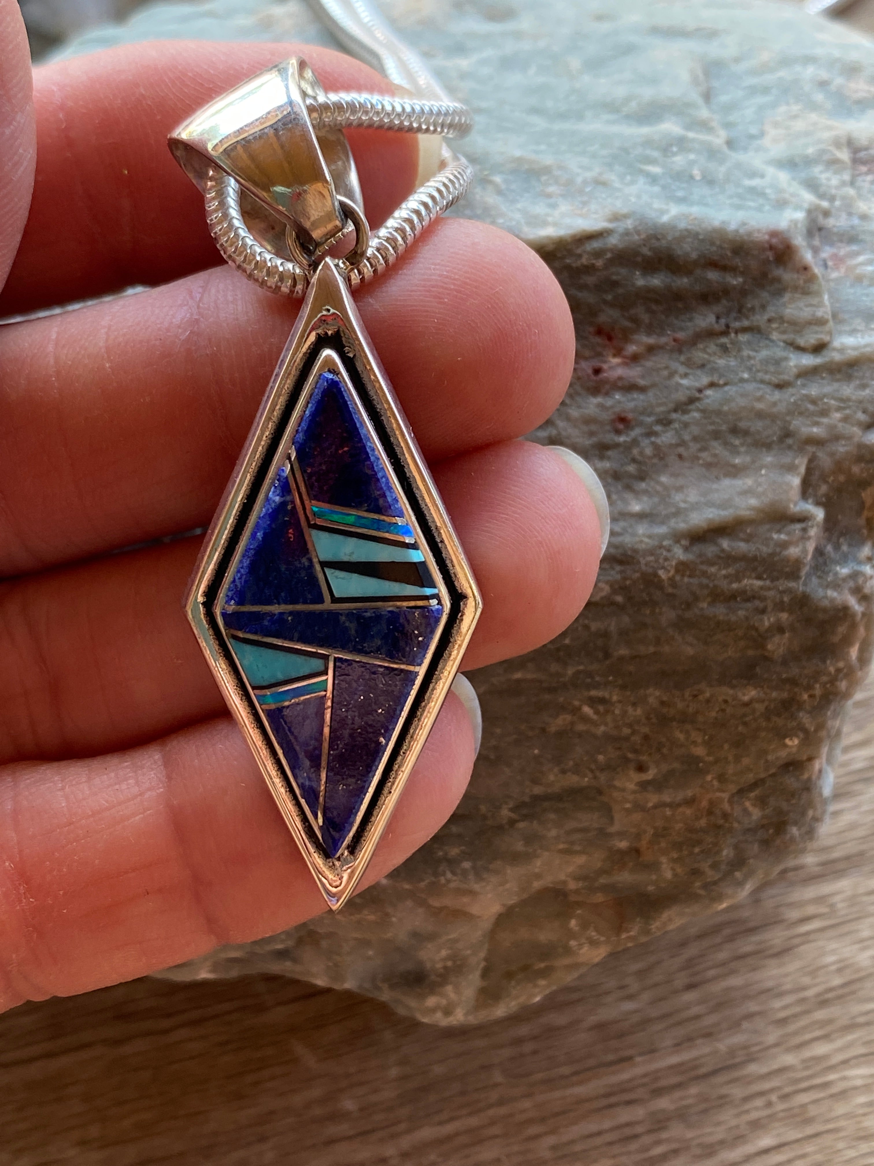 Handcrafted Lapis, Turquoise, Blue Opal Diamond Shape Pendant