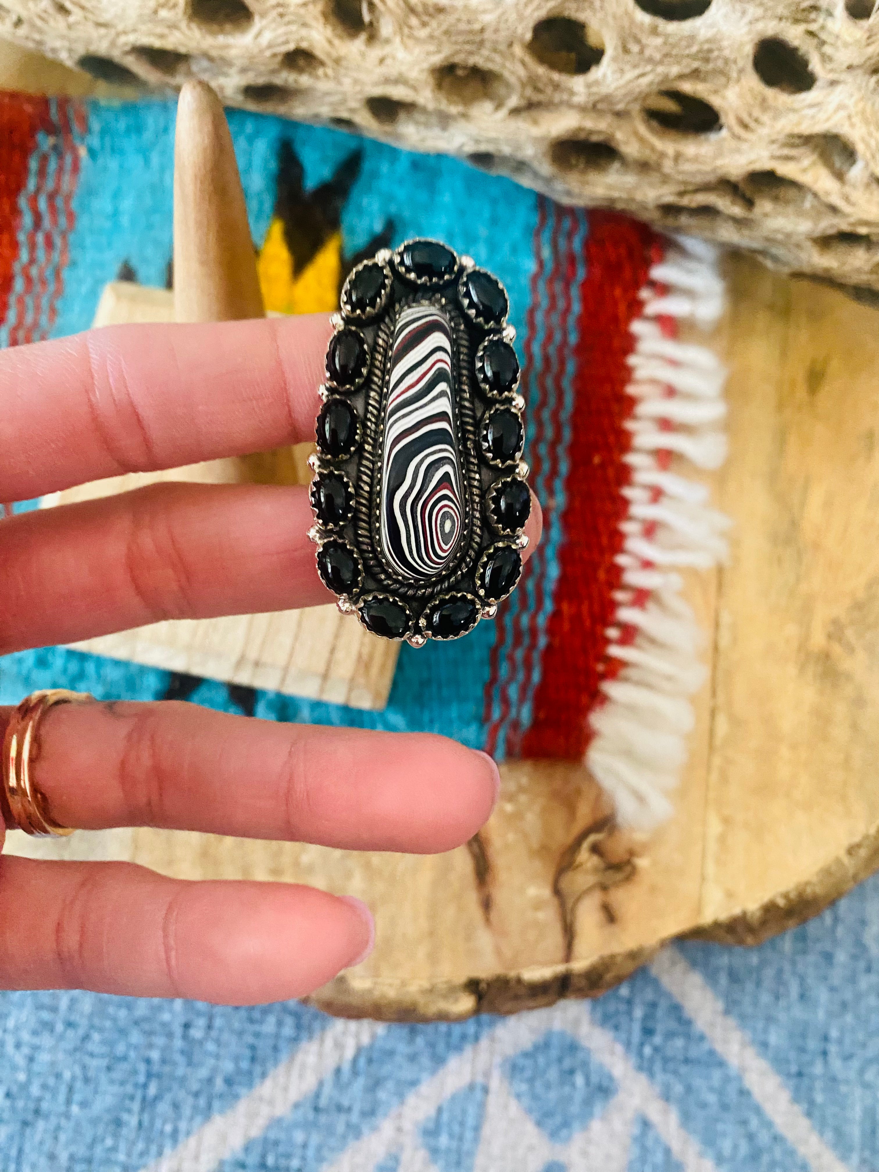 Handmade Sterling Silver, Fordite & Onyx Cluster Adjustable Ring