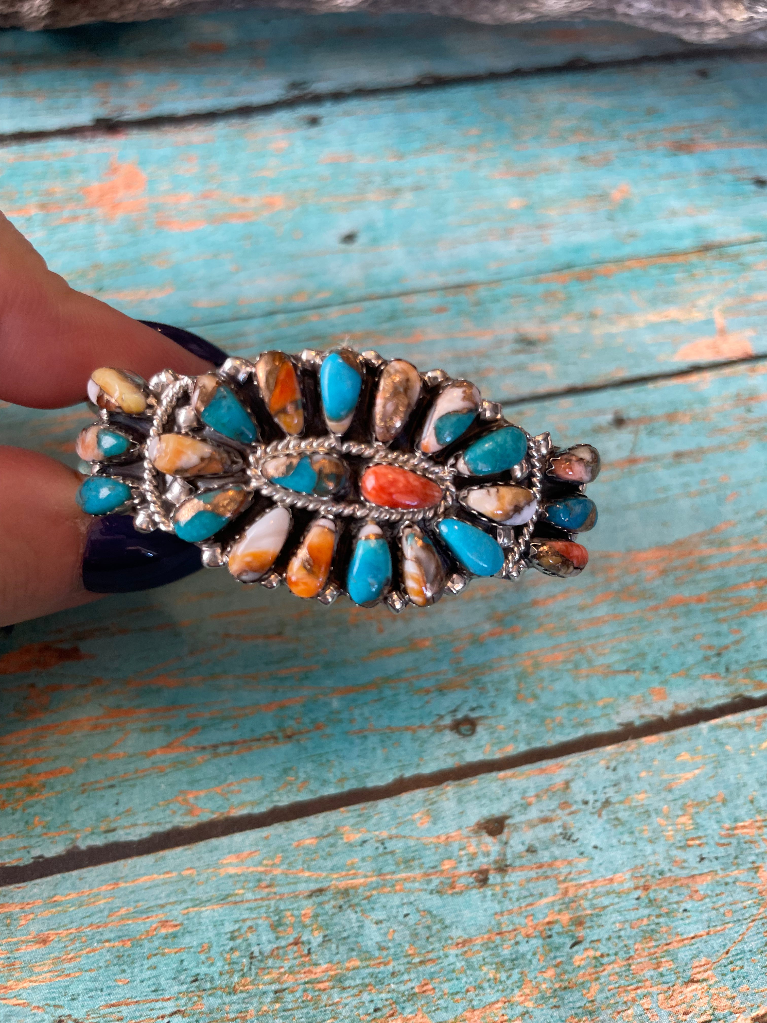 Handcrafted Spice Mojave And Sterling Silver Cluster Adjustable Cuff Bracelet