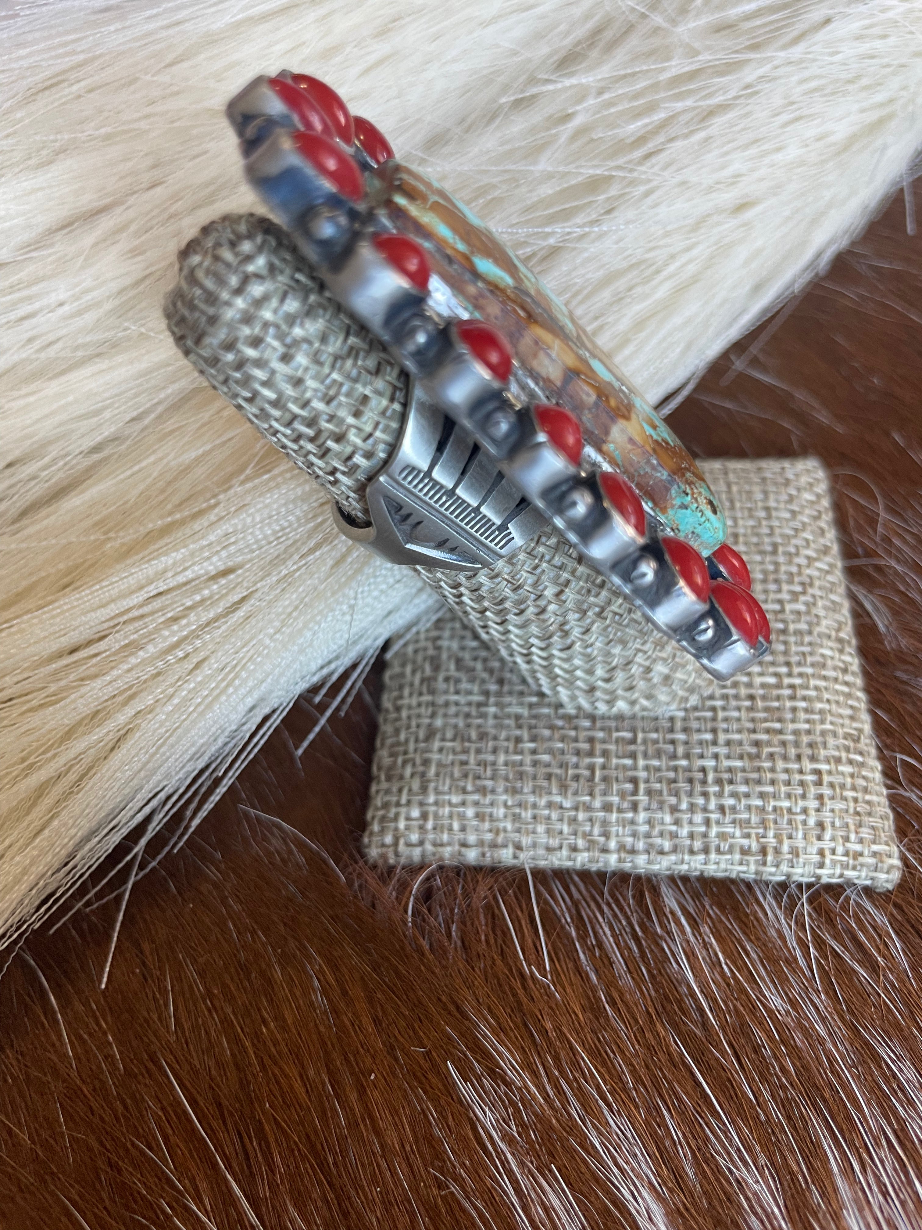 Navajo Number 8 Turquoise, Coral & Sterling Silver Ring Size 6 Signed G James