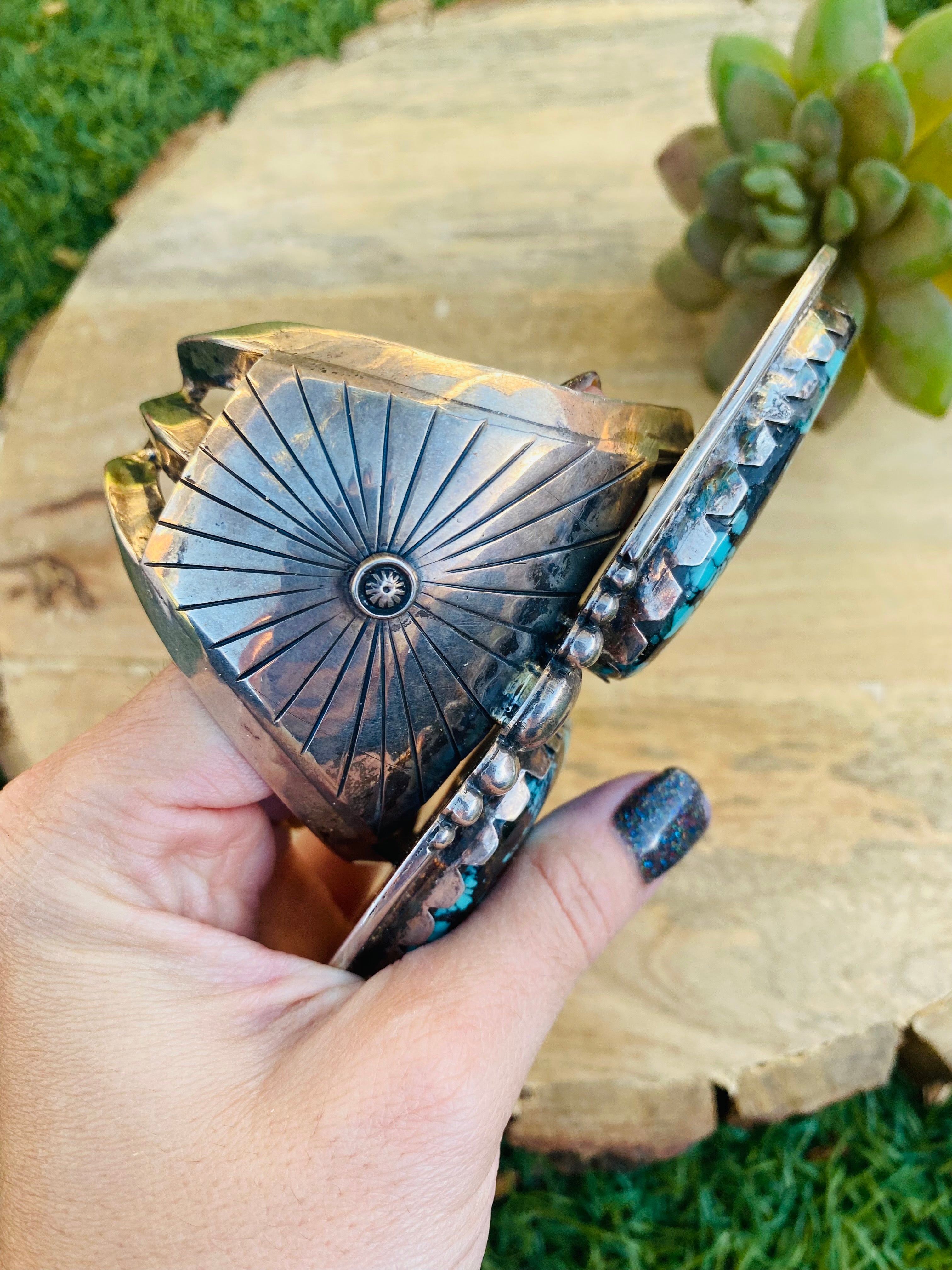 Handcrafted Incredible Vintage Turquoise & Sterling Silver Jumbo Cuff Bracelet /