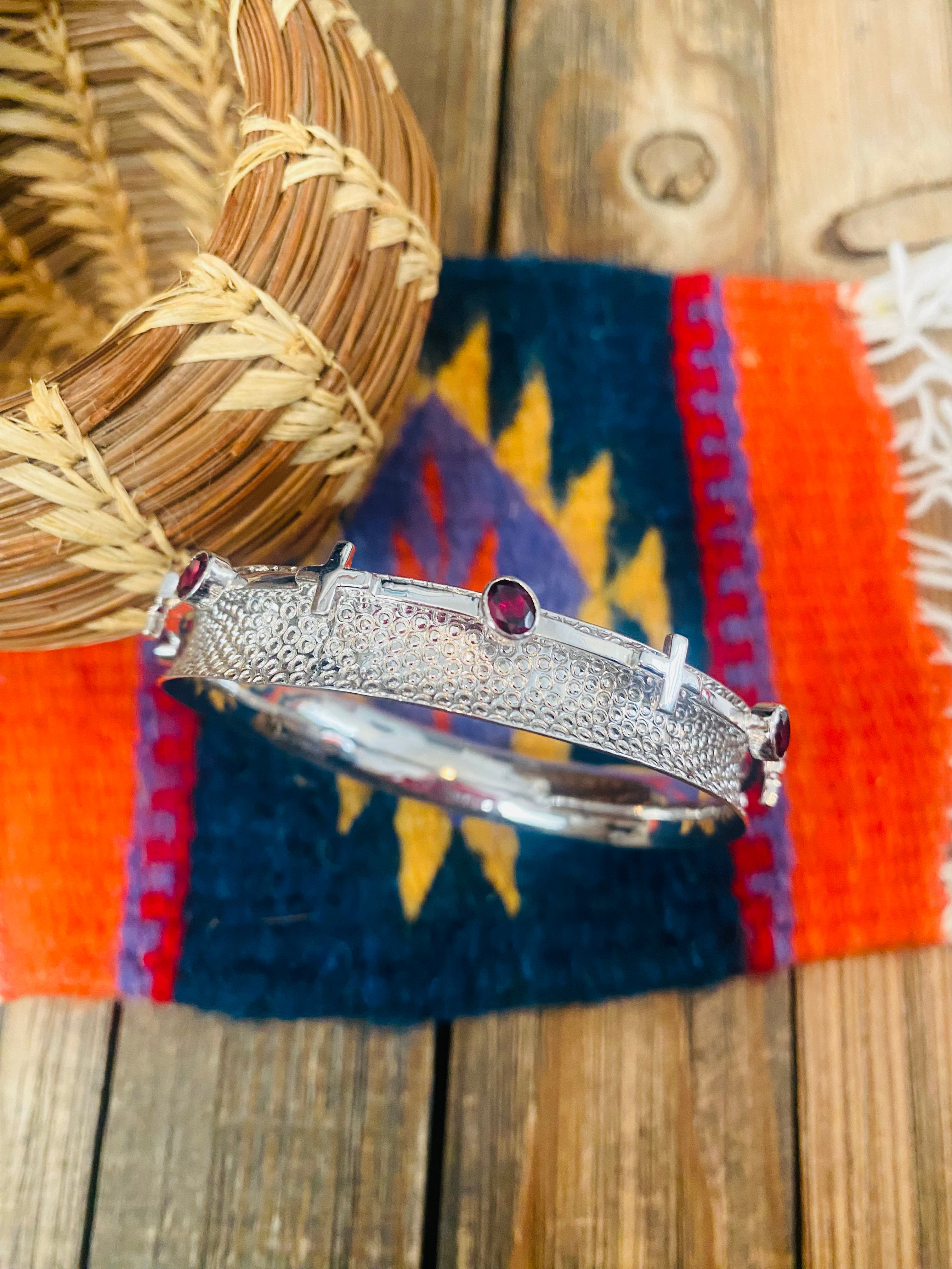 Navajo Sterling Silver & Topaz Bangle Bracelet Signed