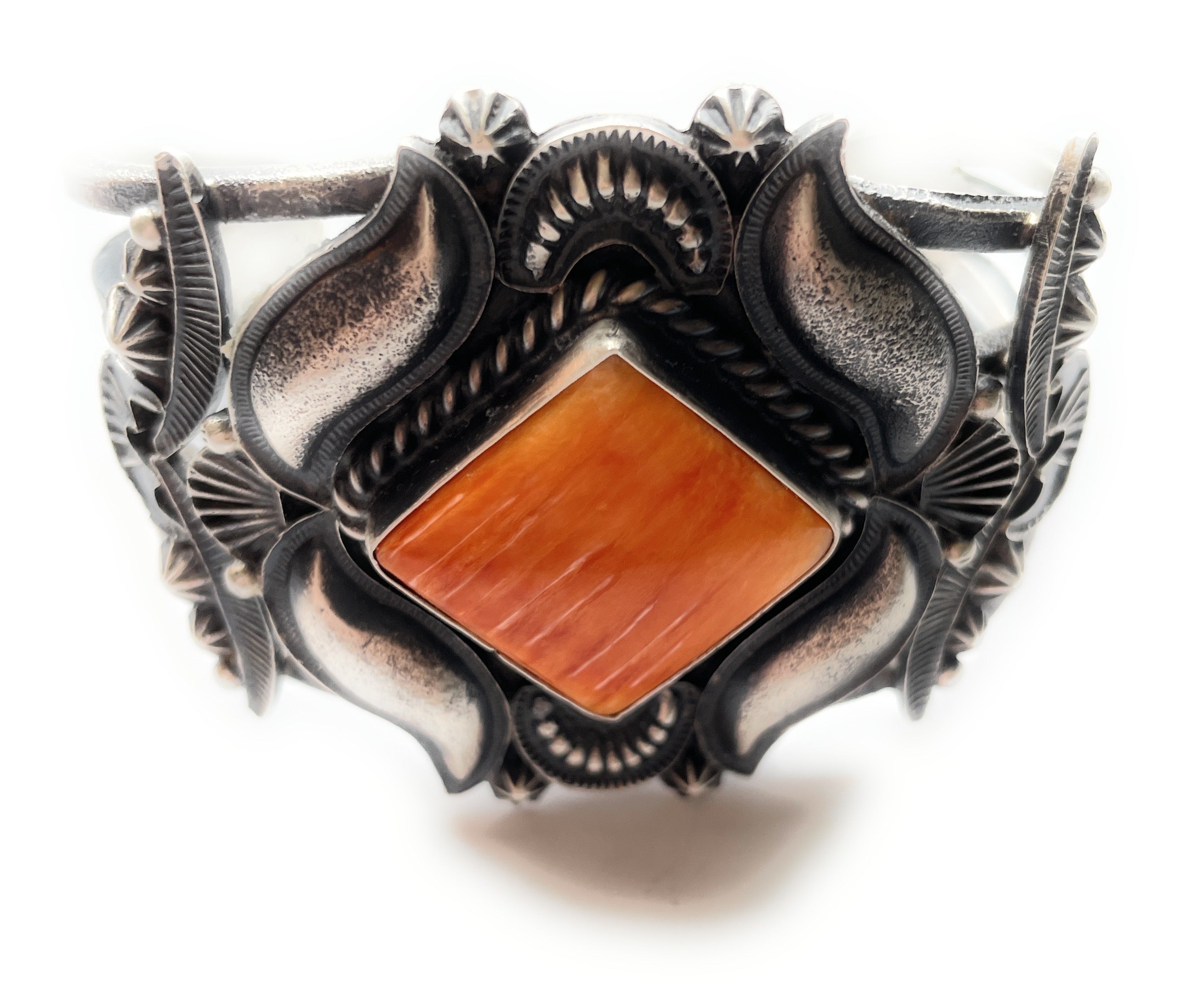 Navajo Orange Spiny Sterling Silver Cuff Bracelet Signed Kevin Billah /