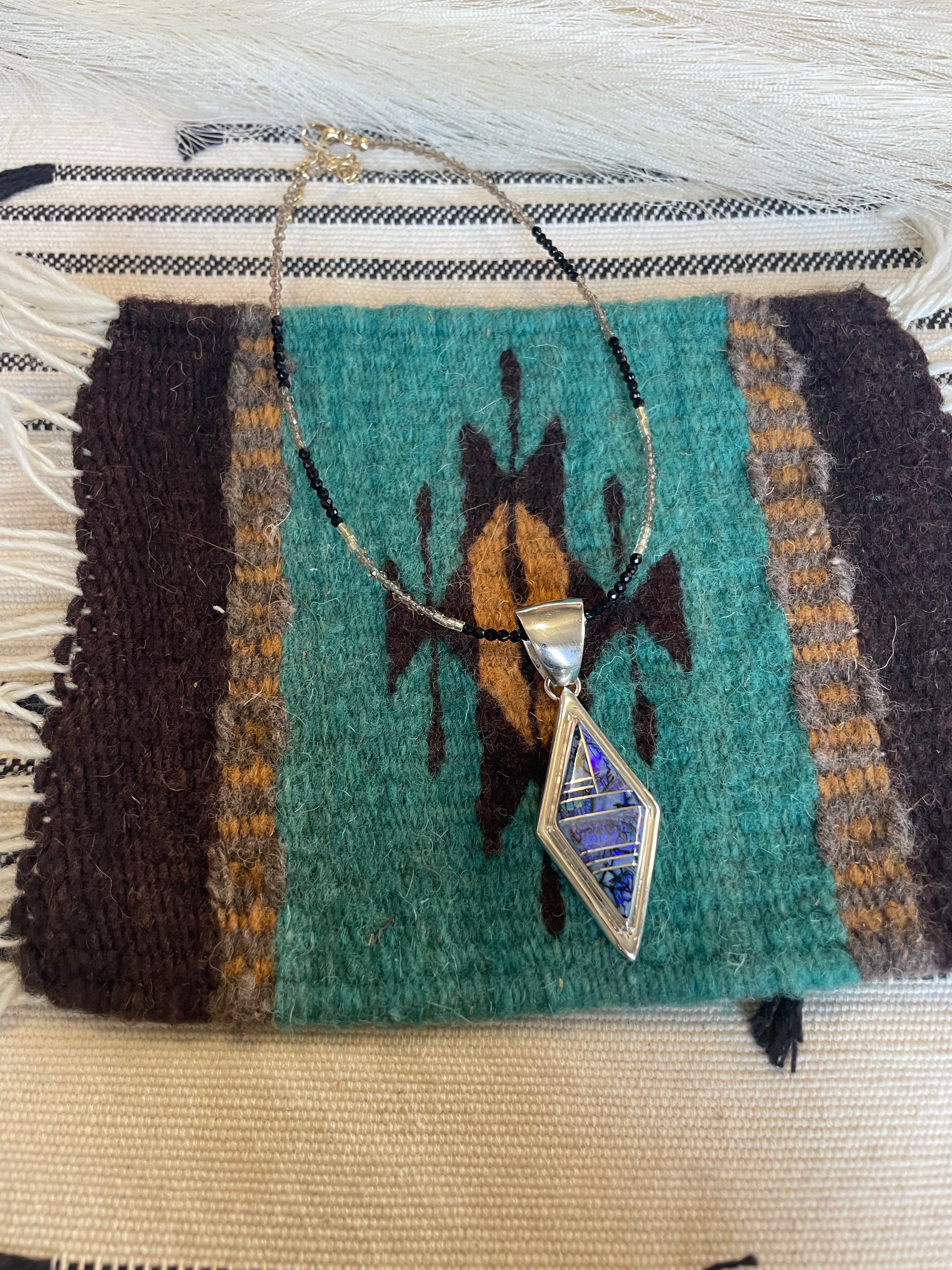 Handcrafted Sterling Silver & Blue Opal Inlay Diamond Pendant