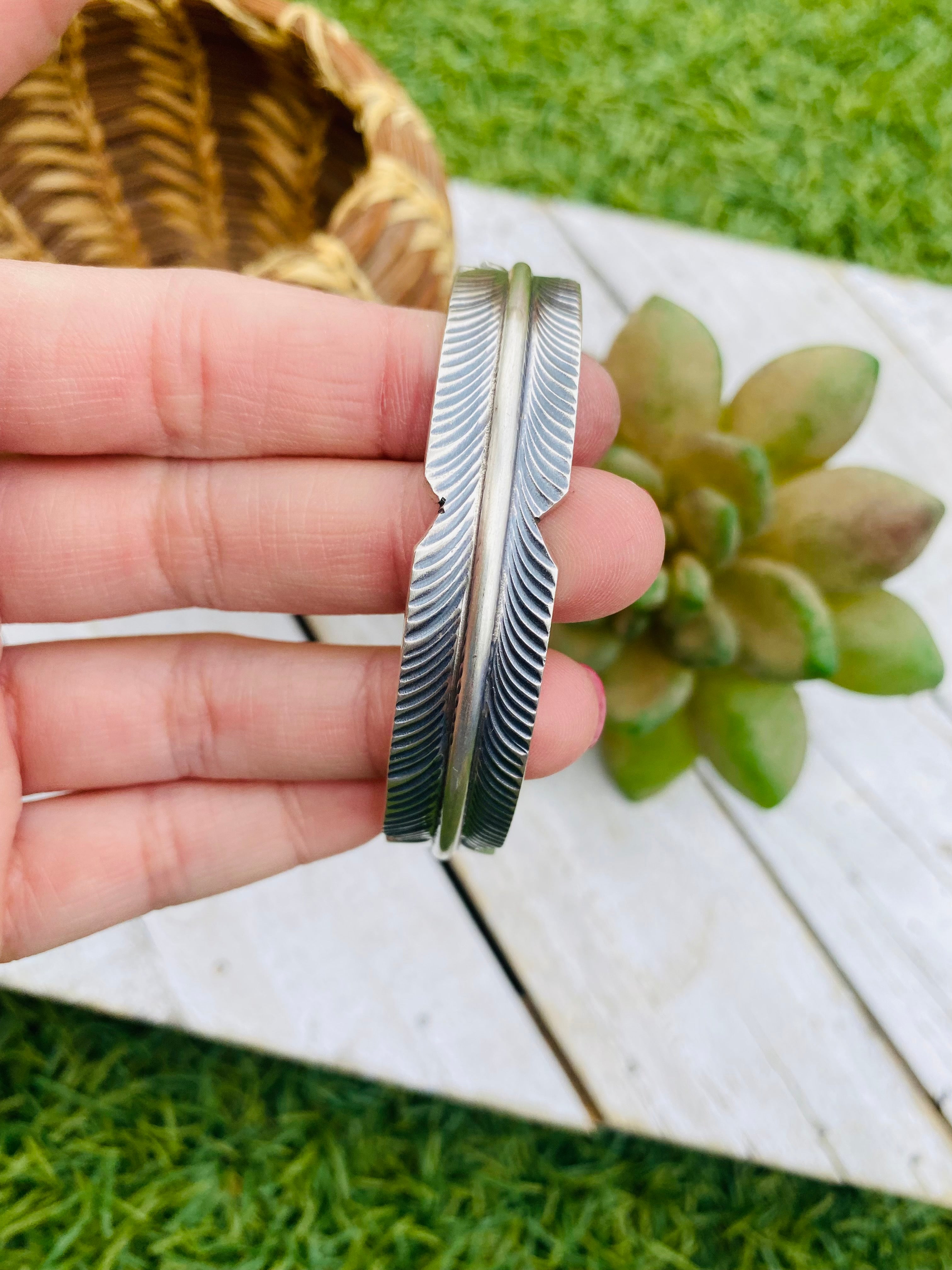 Handcrafted Sterling Silver Hand Crafted Feather Cuff Bracelet