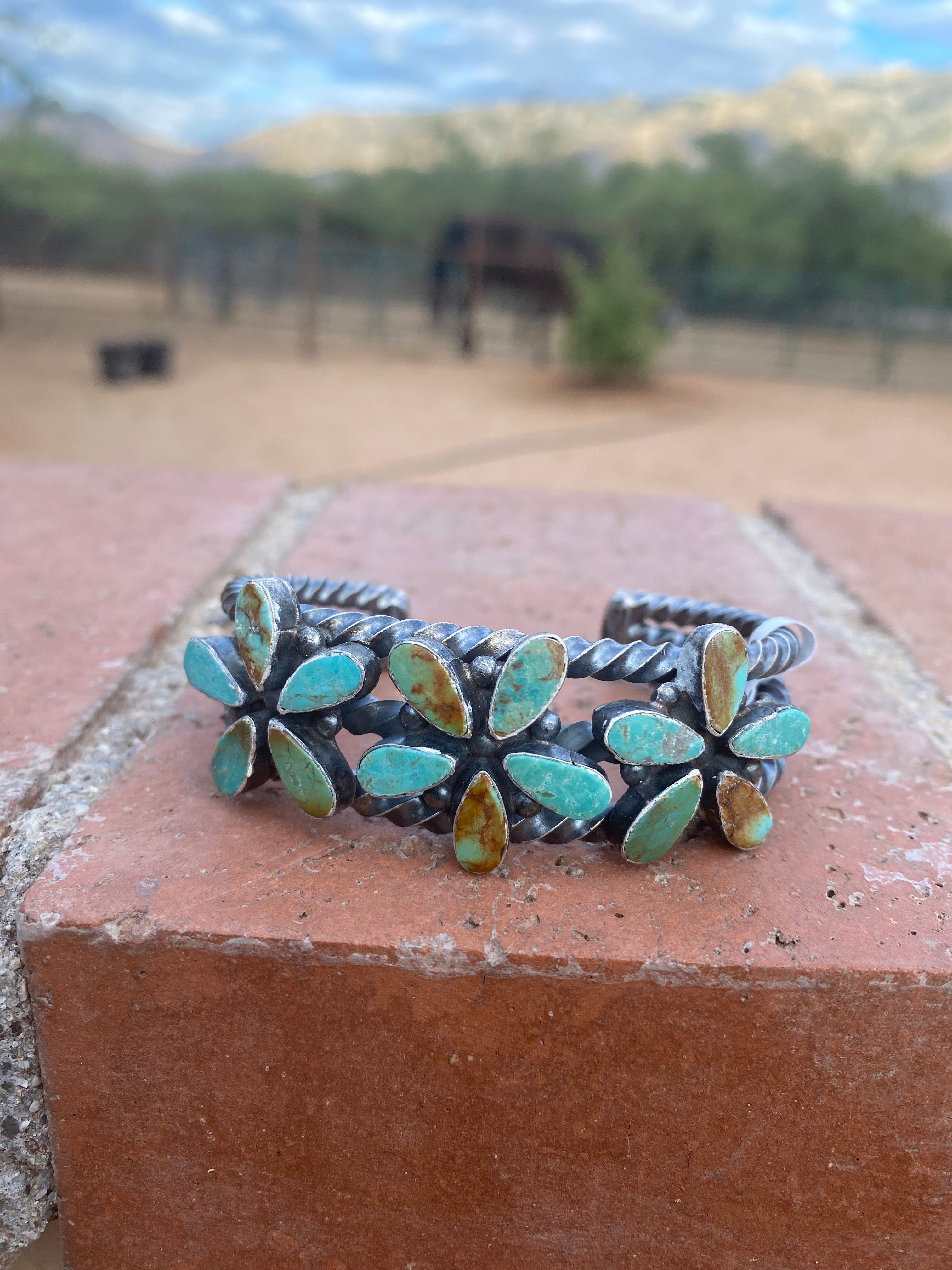 Handcrafted Jacqueline Silver Royston Turquoise & Sterling Cluster Cuff