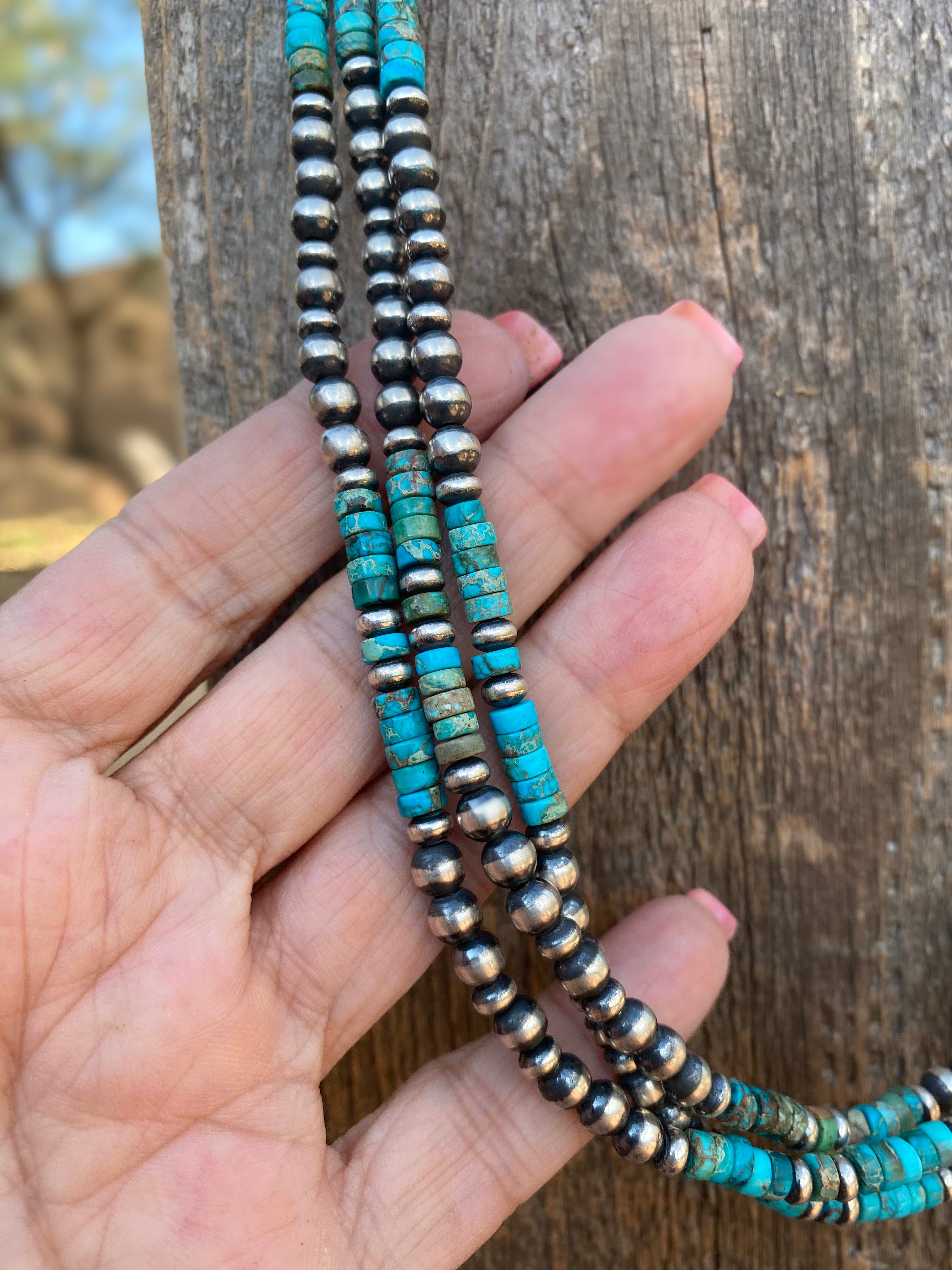 Handcrafted 3 Strand Kingman Turquoise & Sterling Beaded 18 inches