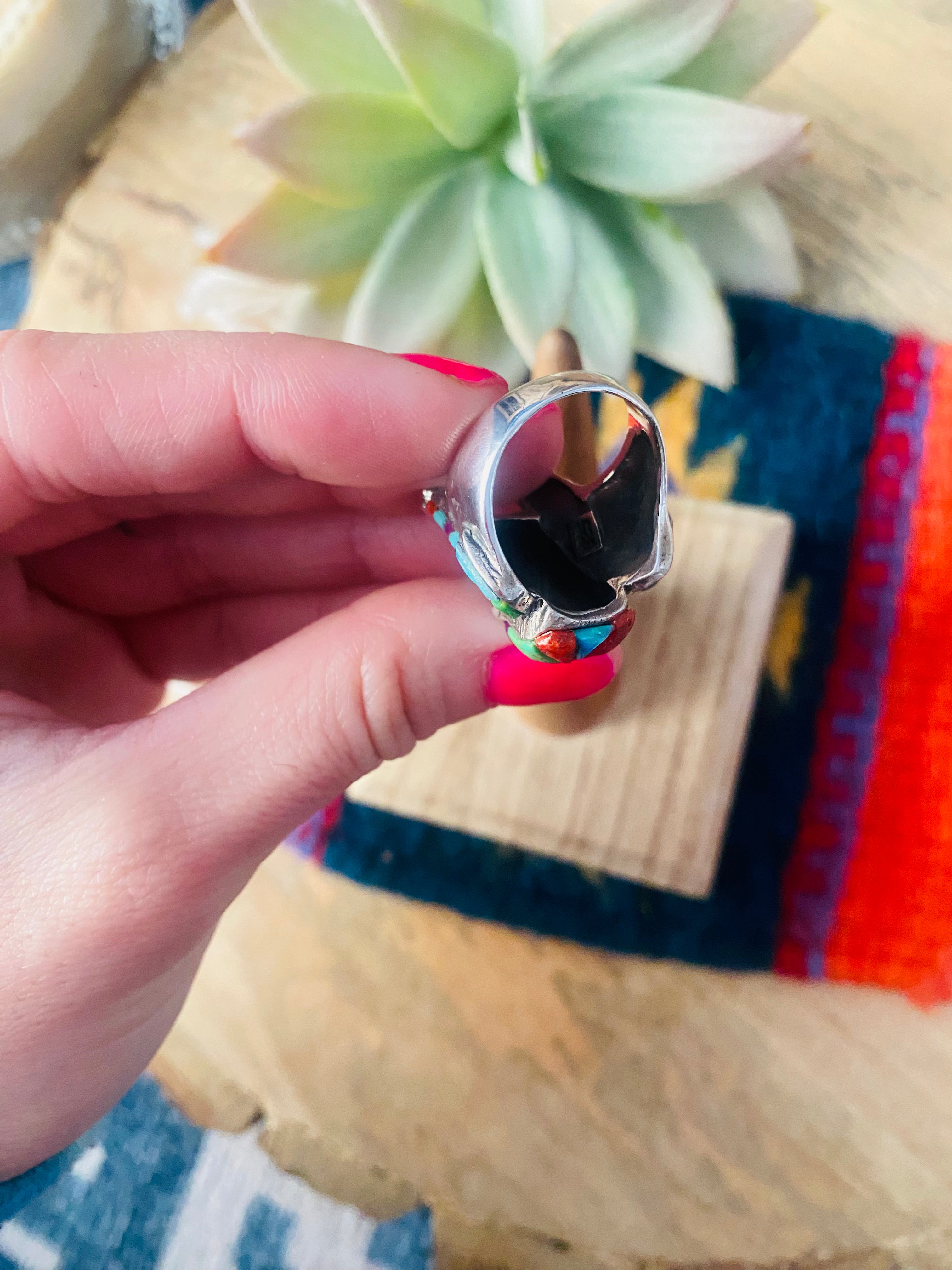 Handmade Sterling Silver & Multi Stone Inlay Elephant Ring Size 6.75